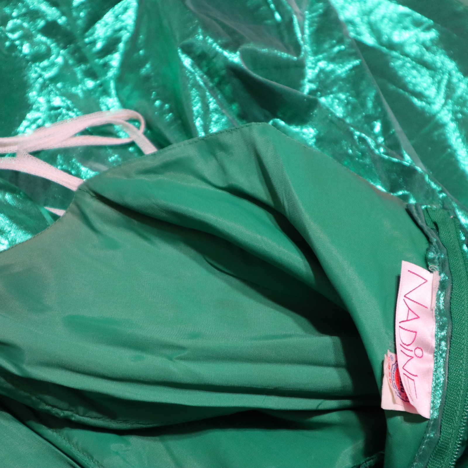 Vintage 80s 90s Green Metallic Prom Party Dress Pageant Bow Strapless Small