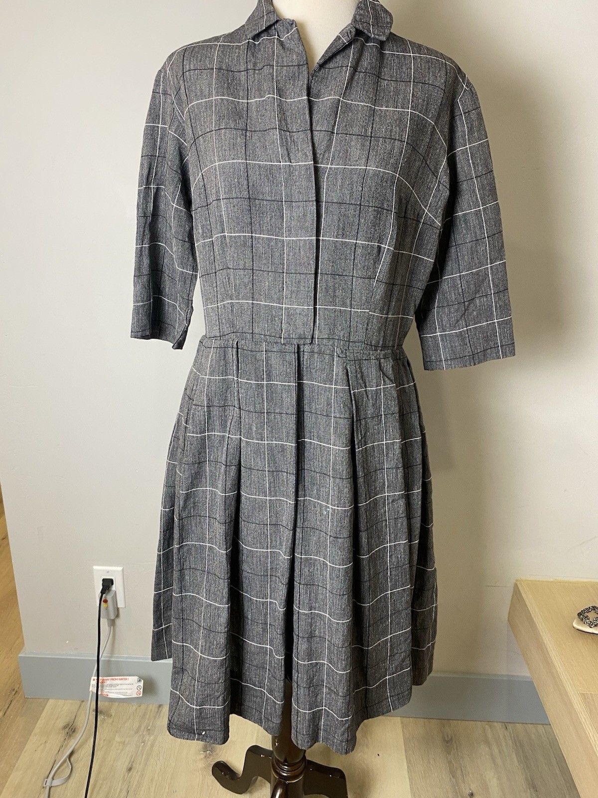 VTG 1950’s “Shirt Dress” Made In California Grey Pleated Skirt Waist-32