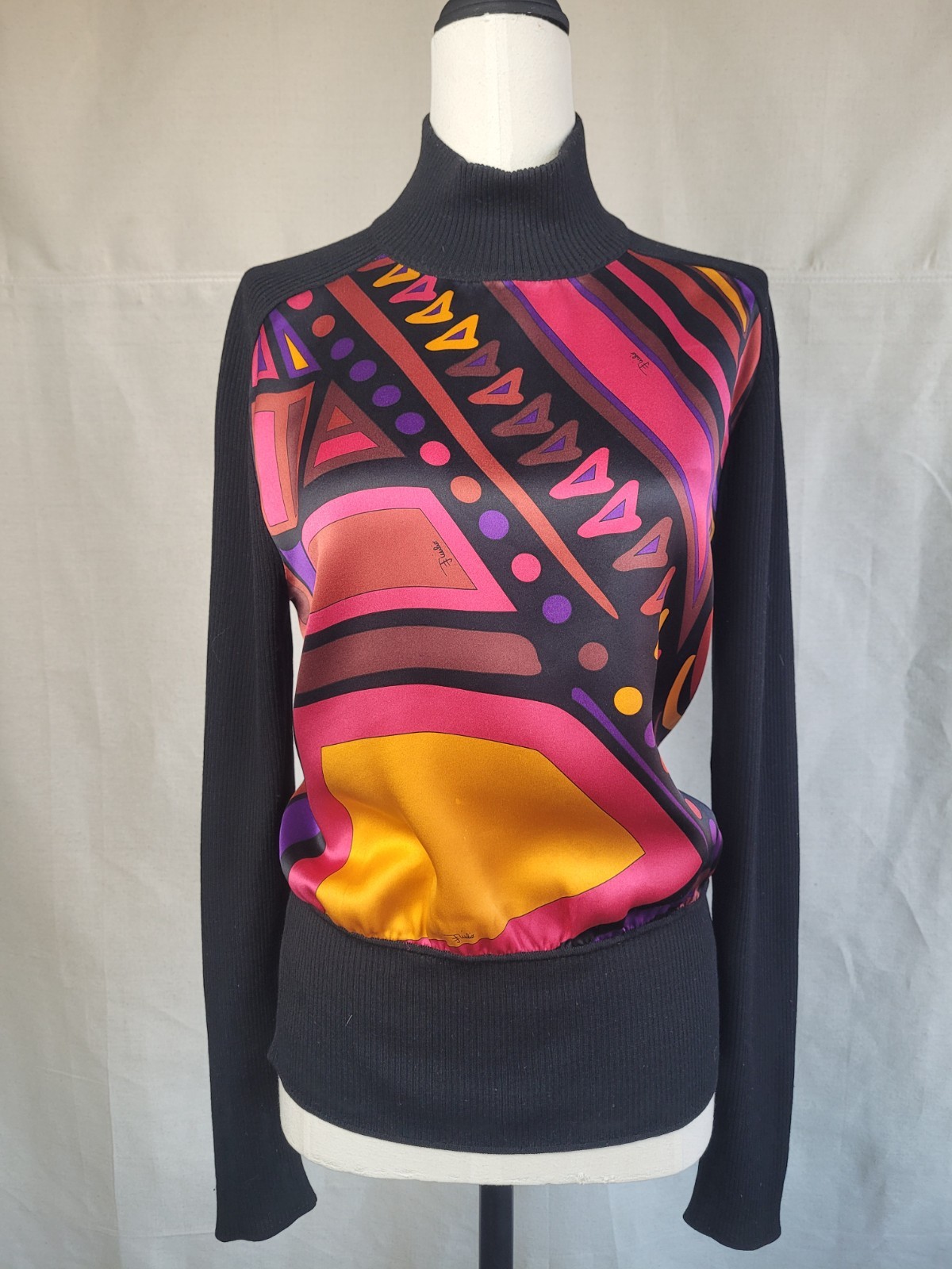 1990s Emilio Pucci bright geometric sweater blouse in silk and wool Sz S