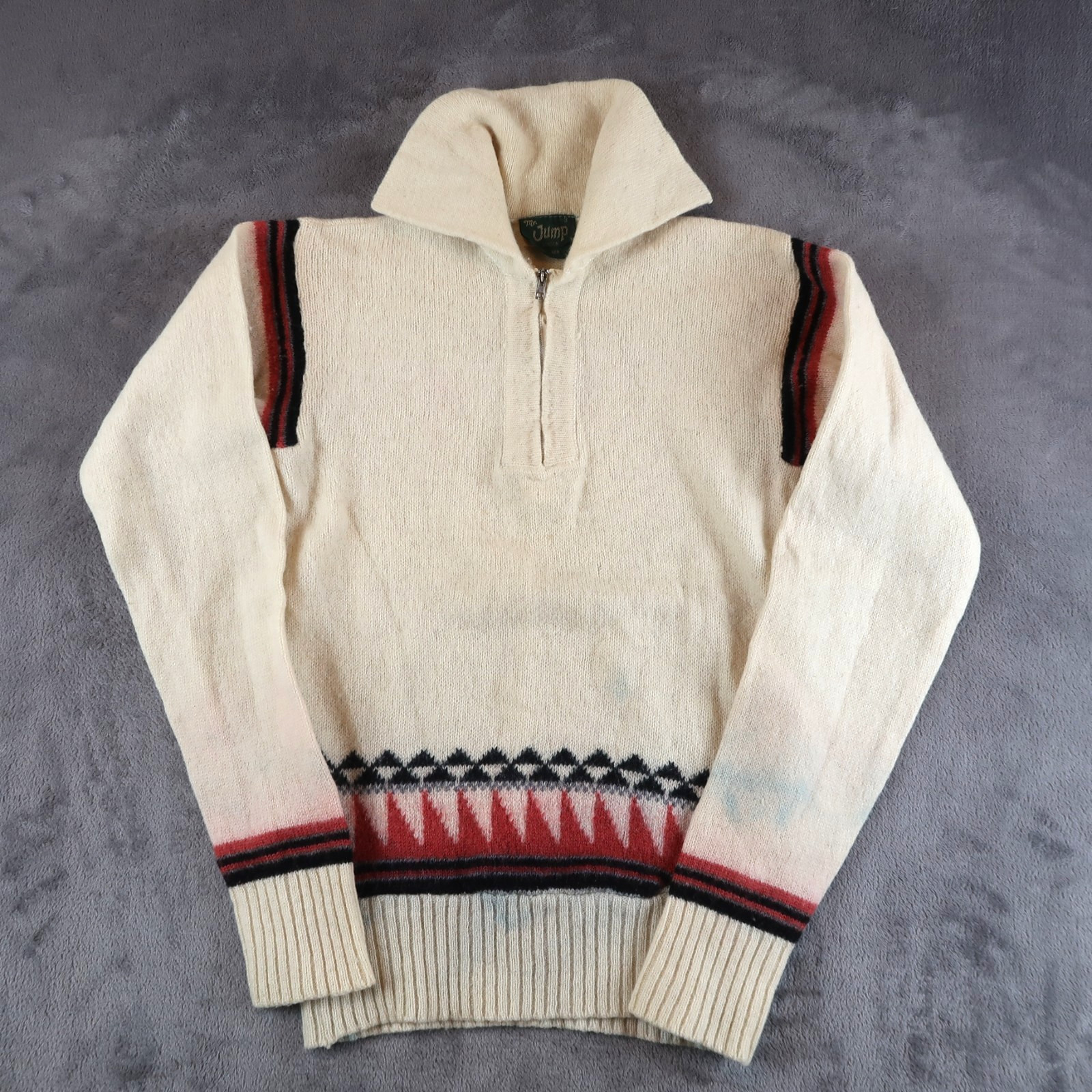 Vintage 70s Mr Jump Sweater Size 3 Collared 1/4 Zip Pullover Ivory Aztec