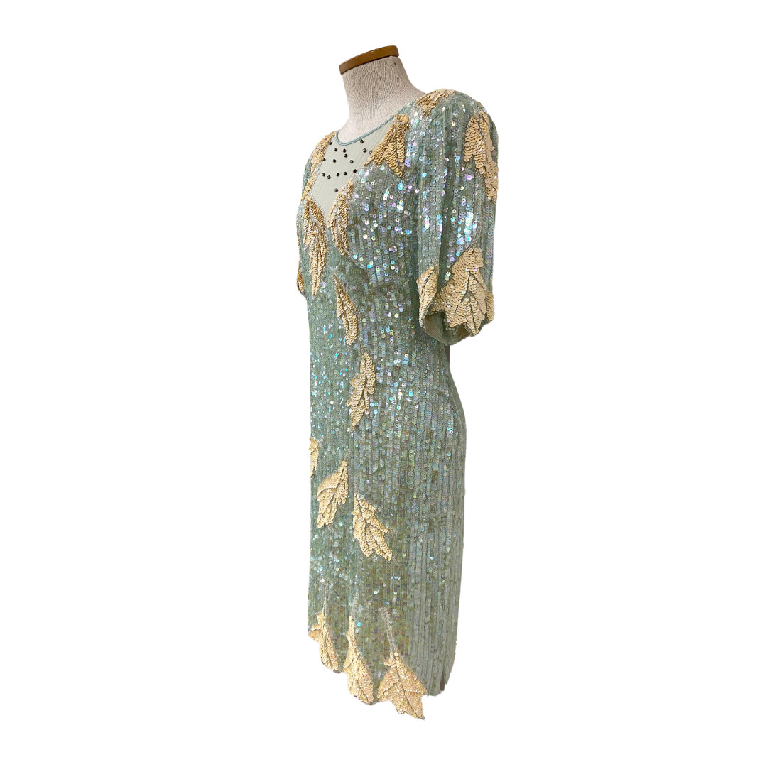 Vintage 1980s Swee Lo Icy Aqua Iridescent Sequin Beaded Cocktail Dress