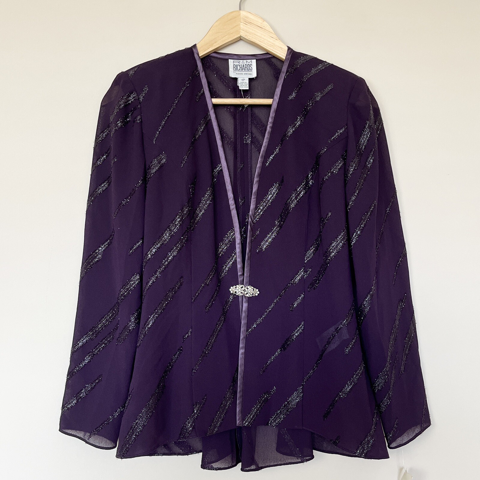 R & M Richards Karen Kwong Sheer Evening Jacket Shimmer Rhinestone Clasp 6P