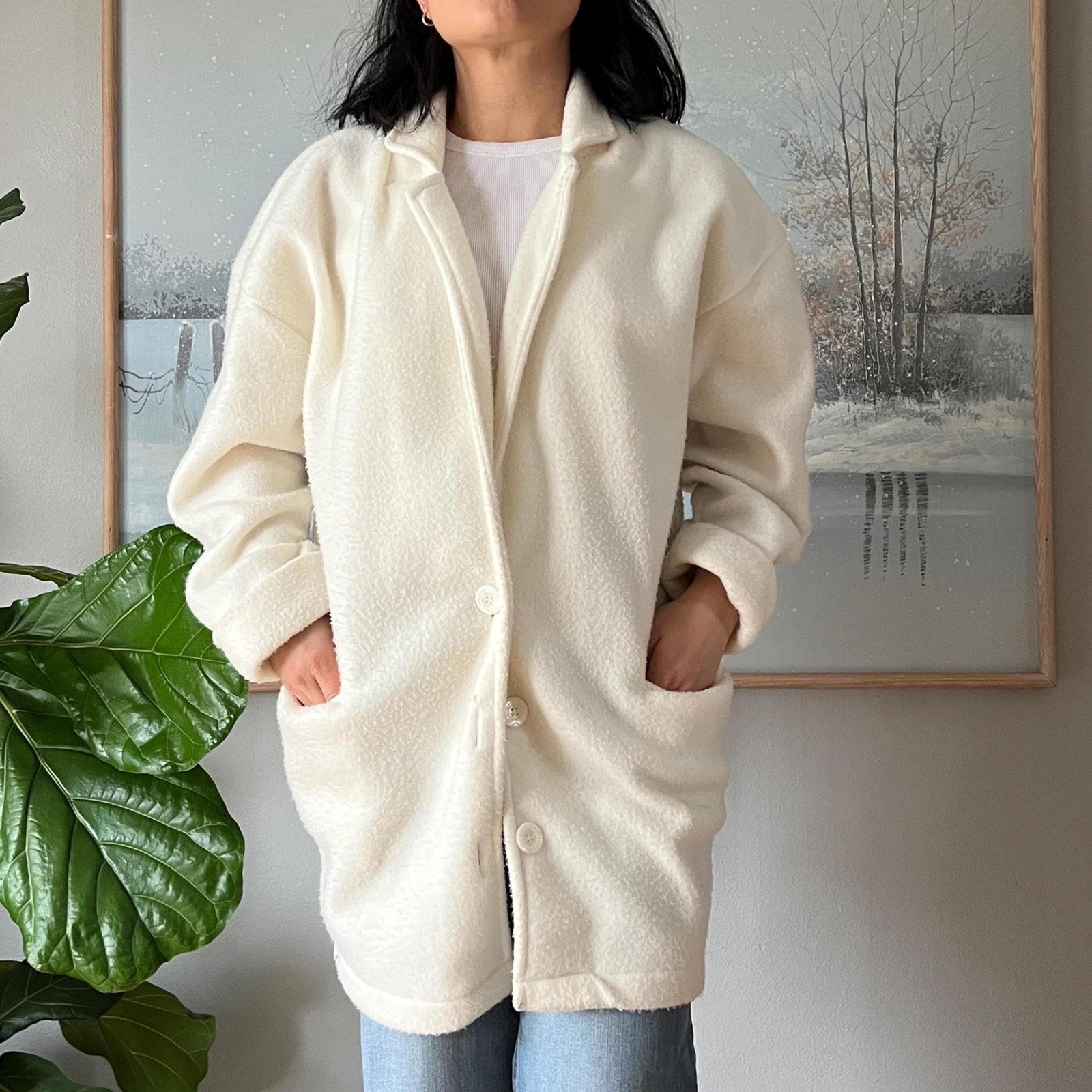 Vintage Cream Fleece Jacket Oversized Minimalist Coat Cozy Neutral 90s