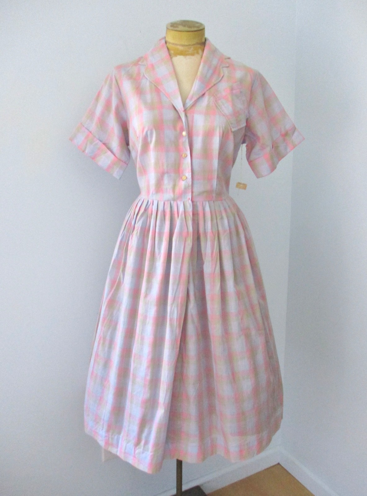 NOS w/Tag Vtg 50s Rockabilly Pink Shadow Plaid Shirtwaist Dress Sawtooth Trim 16