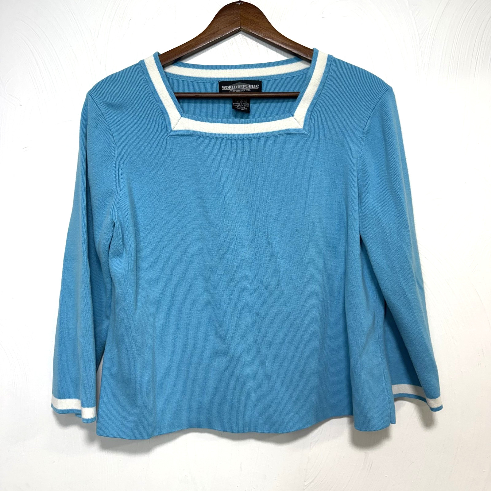 VTG World Republic 90s Blue Cotton Blend Square Neckline Blouse Shirt Sz Medium