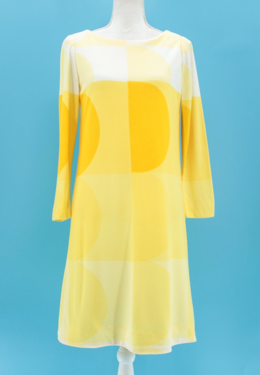 VTG Women’s 60s Yellow & White Mod Midi Shift Dress Sz S/M 1960s B. H. Wragge