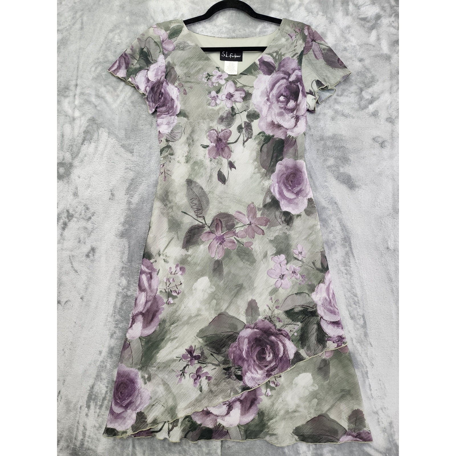 Vintage 90s SL Fashions Floral Asymmetric Chiffon Overlay V-Neck Dress 8 Green
