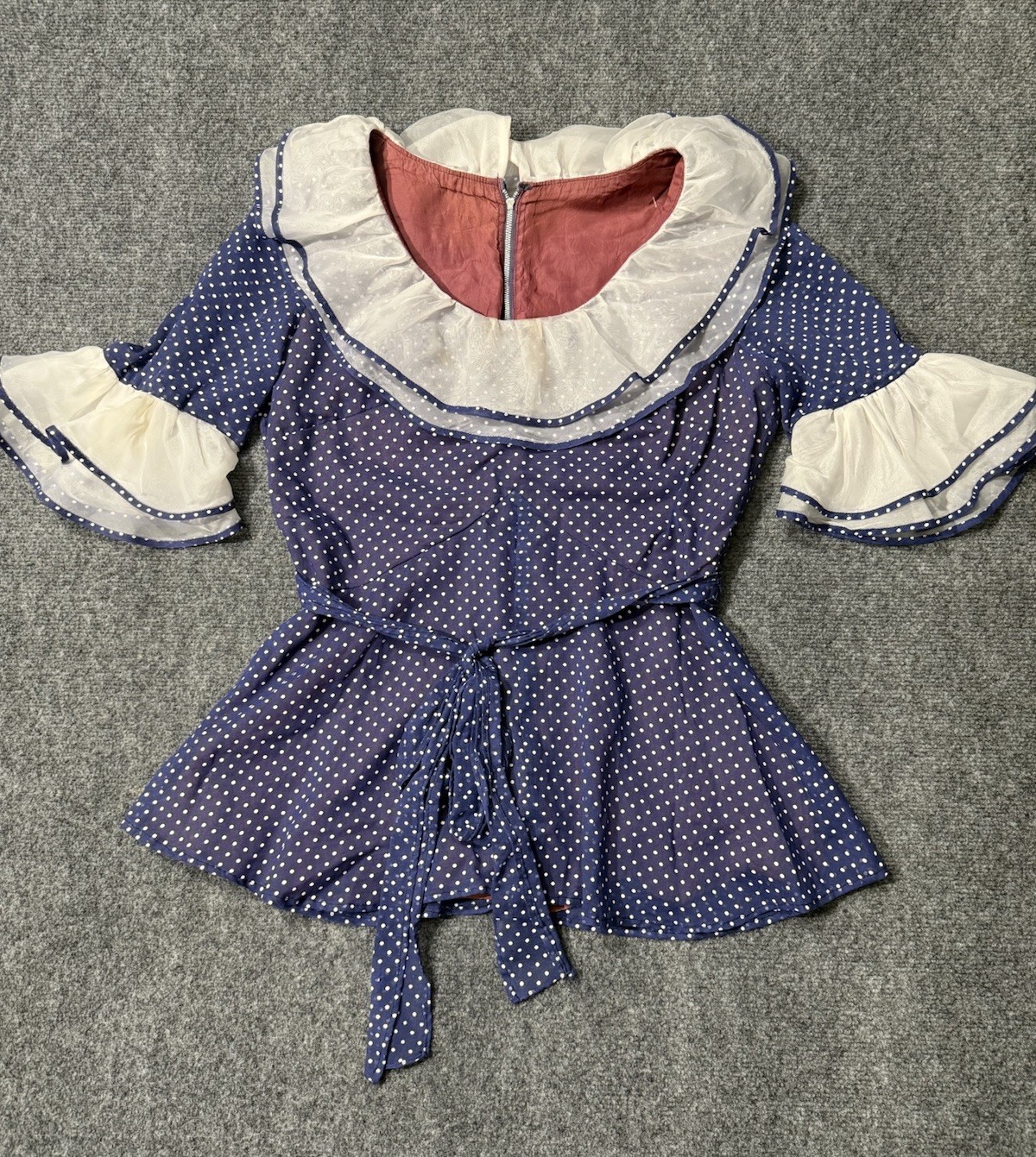 Vintage 60s 70s Polka Dot Blouse Ruffled Sleeves And Collar Ladies Garment