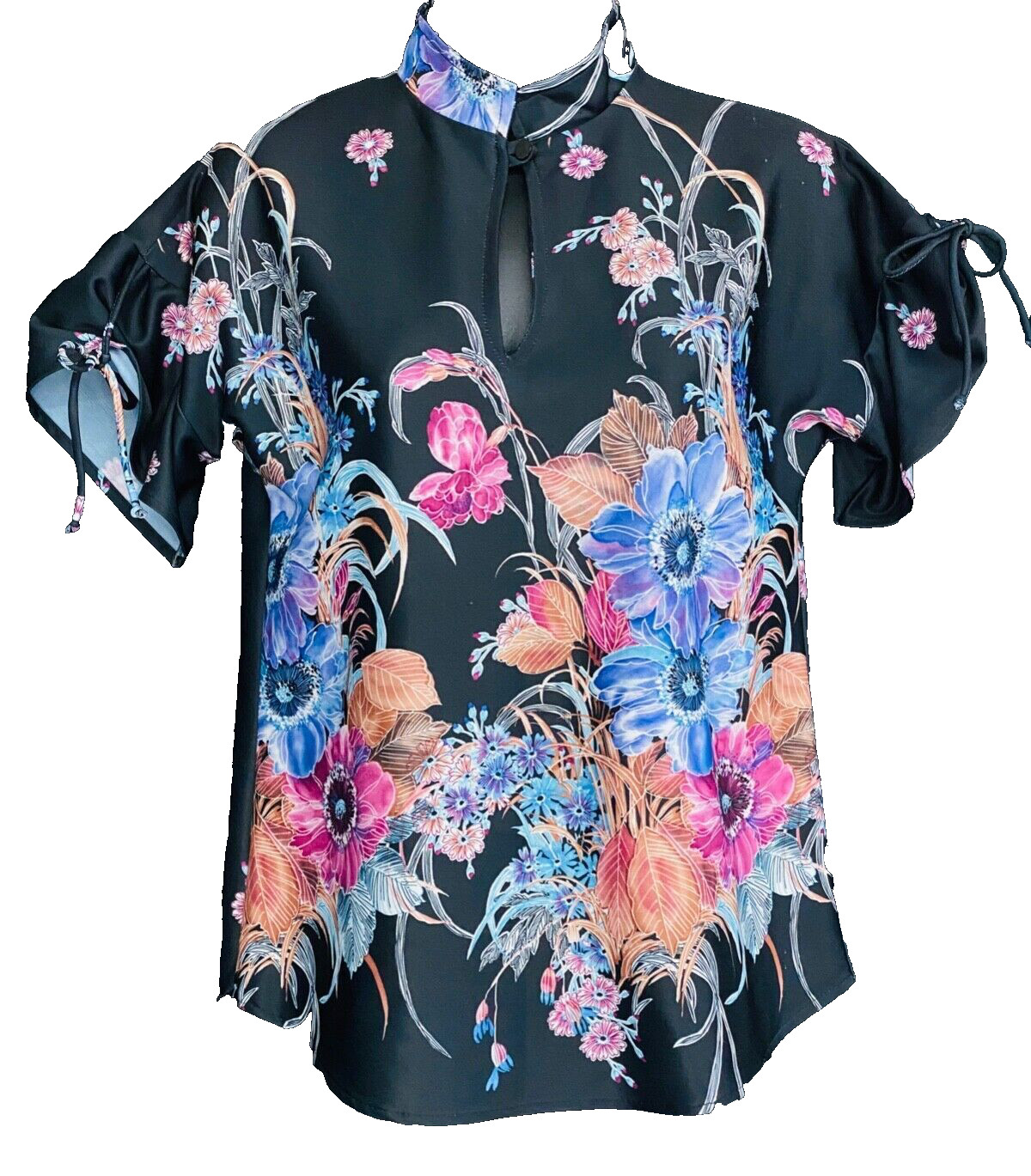Vintage 1970s black floral oversized shirt blouse short sleeve pink collar M