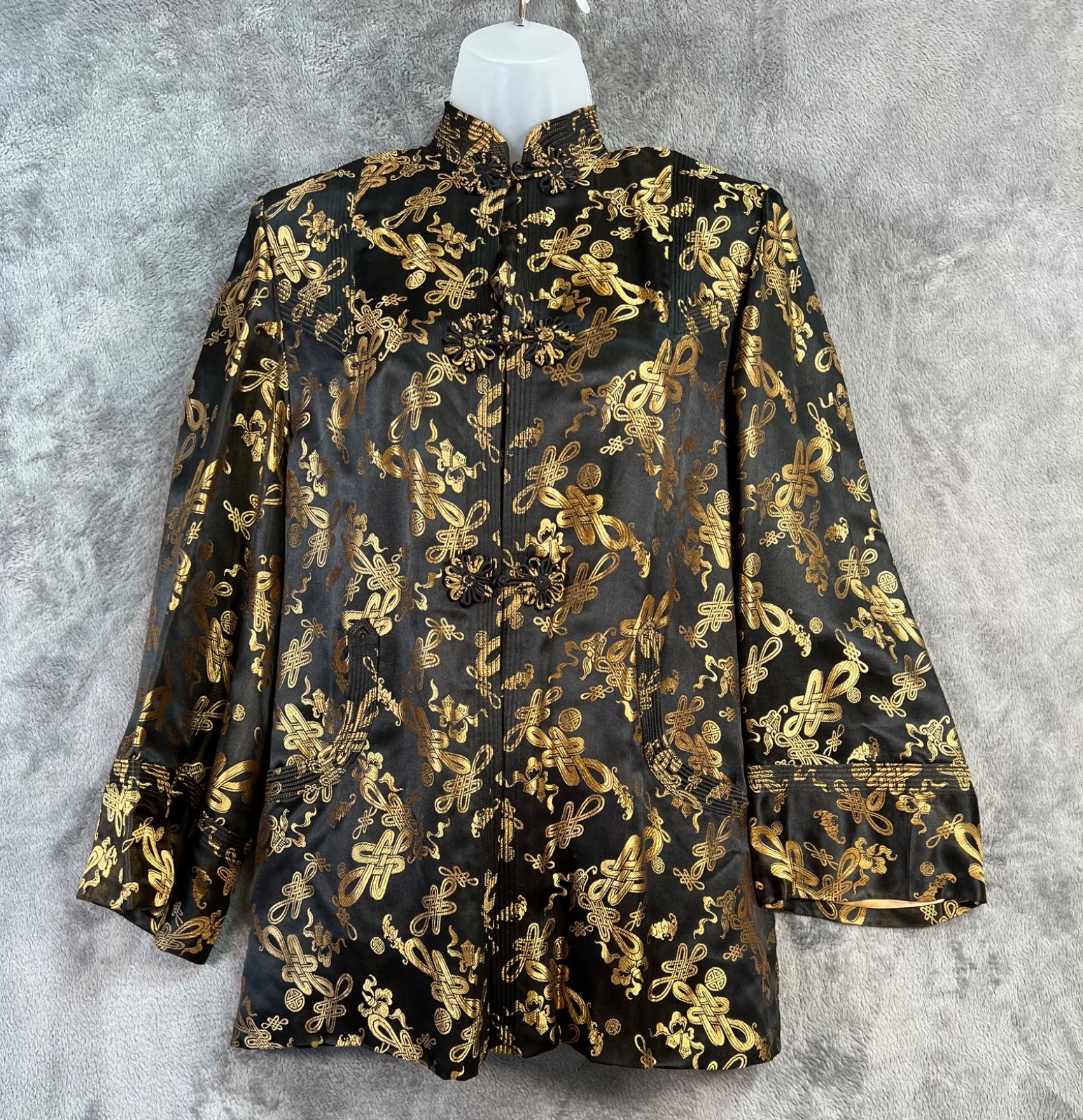 Dynasty Hong Kong Silk Jacket 16 20×28 Black Gold Mandarin Frog Closure Vtg 60s*