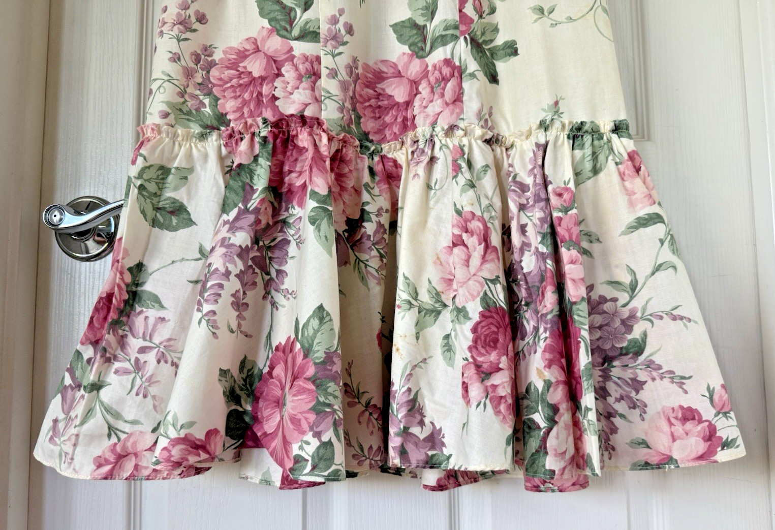 VTG 80’s Hawaii Lola Jrs Women’s Floral Roses/Lilacs Ruffle Midi/ Tea Dress Sz 7