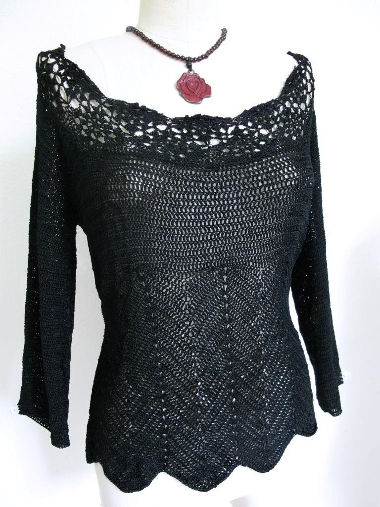 Vintage Bette Sung Hand Crochet Boho Top Black L Long Sleeve Sheer Hand Made