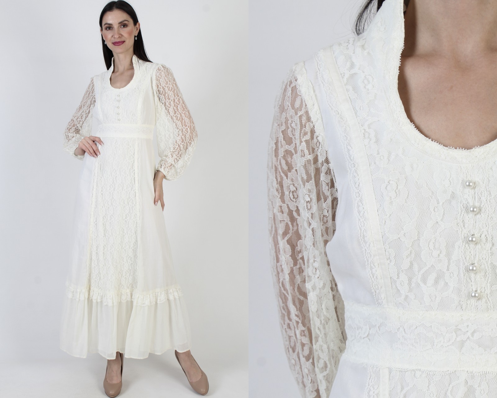 Vtg Off Wht Prairie Dress Ivory Victorian Cottage Peasant Bridal Wedding Gown