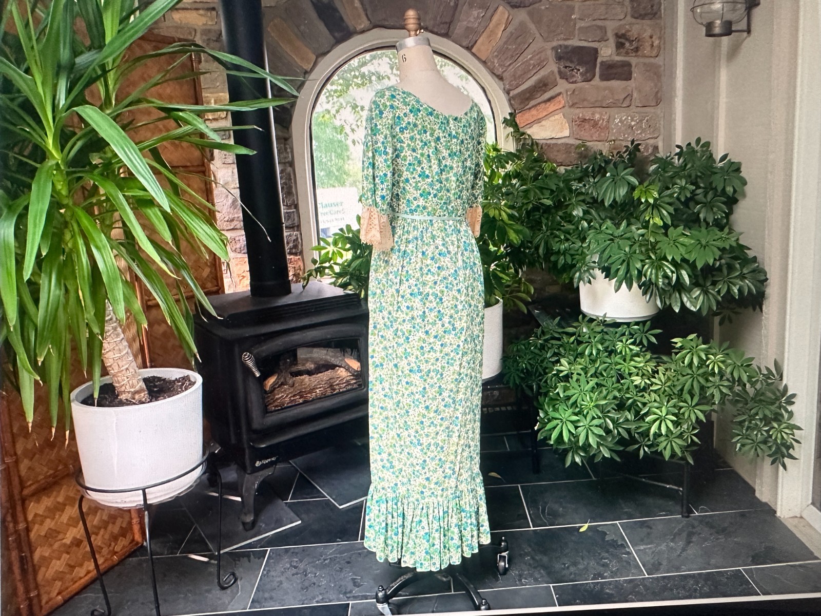 Vintage 1960s Green Blue Ivory Floral Cotton Ecru Lace Peasant Dress Gary Jay