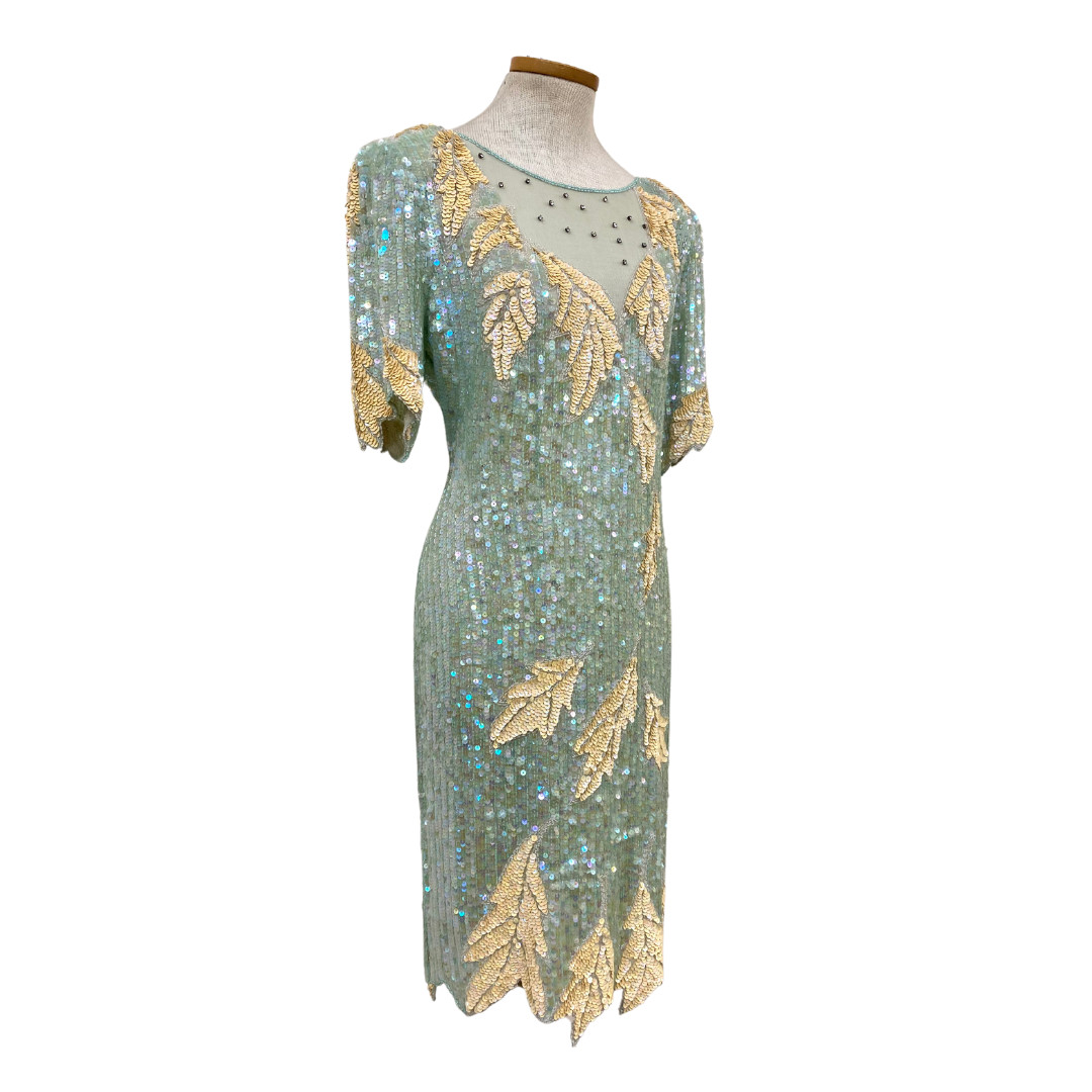 Vintage 1980s Swee Lo Icy Aqua Iridescent Sequin Beaded Cocktail Dress