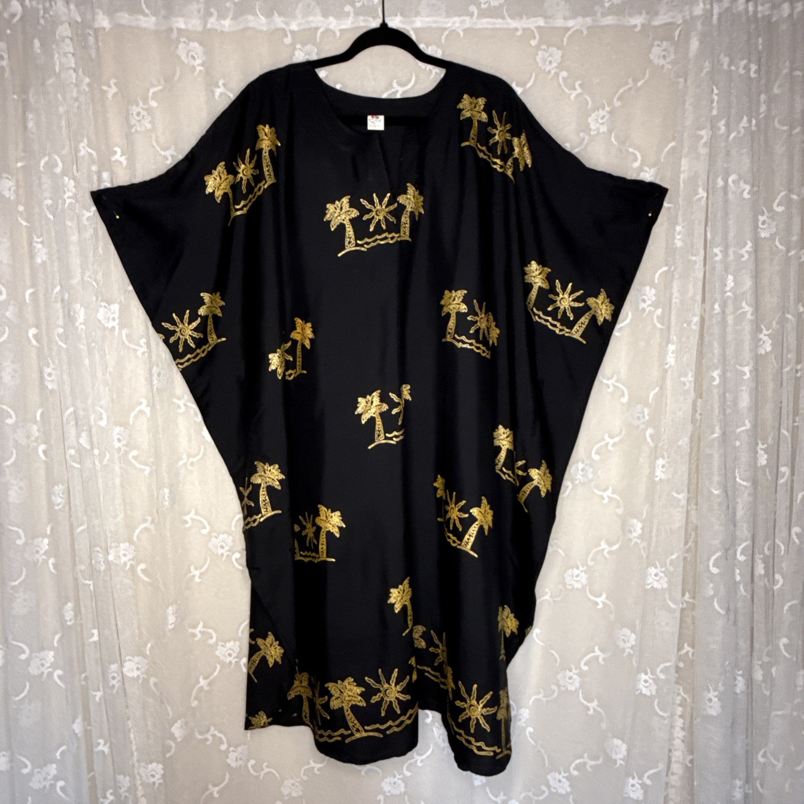 Vintage Rima Black Opaque Gold Tone Palm Tree Print One Size Muumuu Caftan Tiki