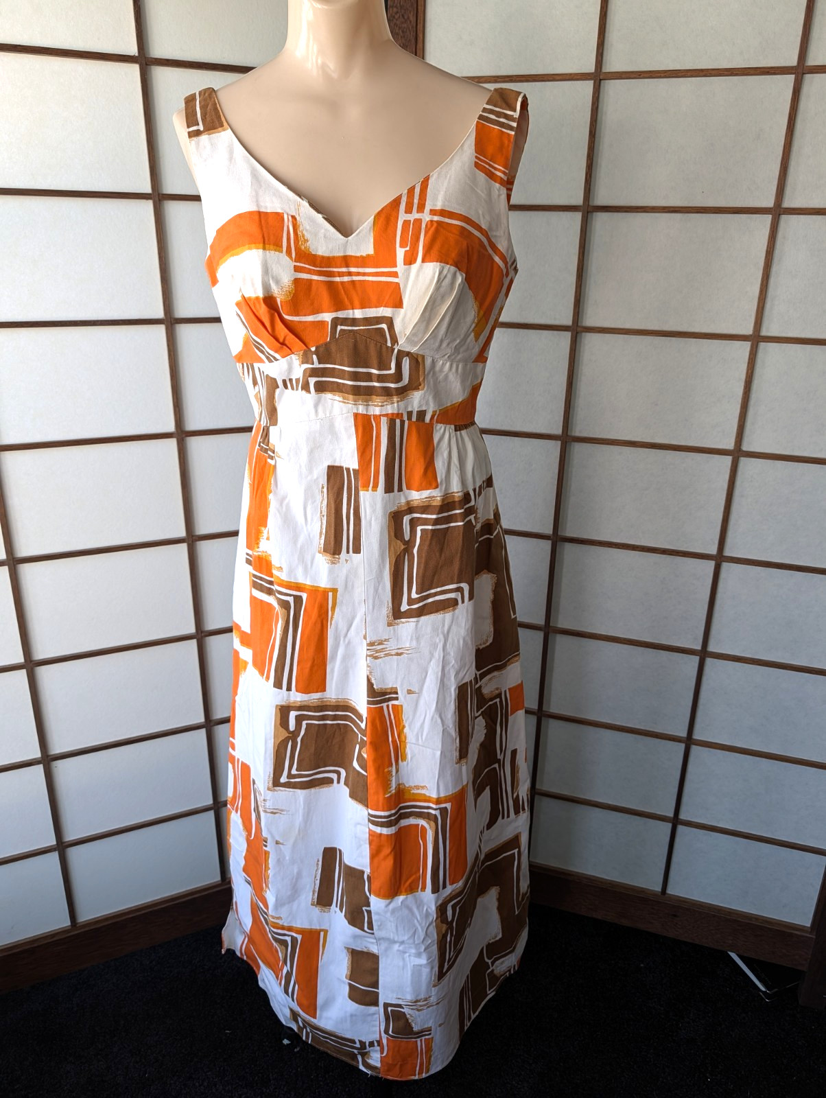 Vtg 1970s Island Casuals Hawaiian Maxi Dress Muu Muu Abstract Graphic Print S/M