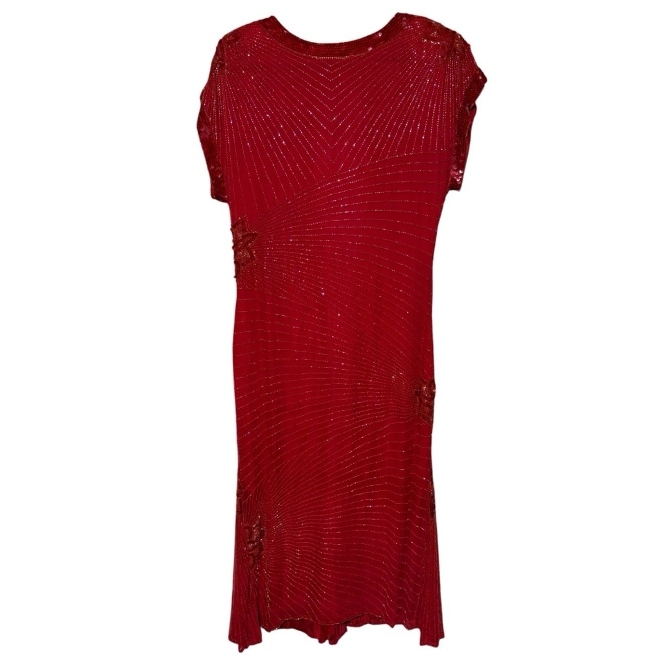Vintage Red Silk Beaded Midi Maxi Dress Size L Holiday Formal Special Occasion