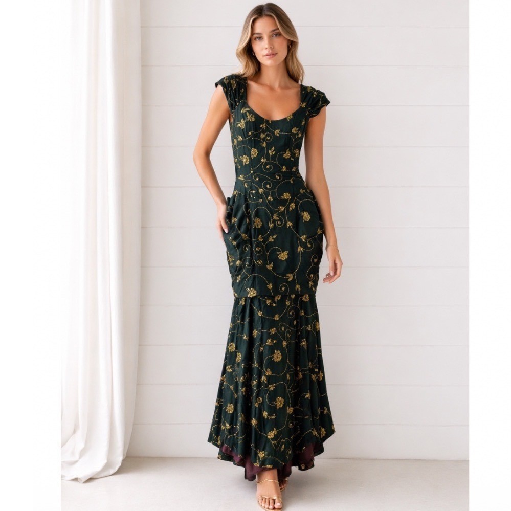 Vintage MONSOON TWILIGHT 100% SILK Embroidered Bustle BOW ENGLAND MAXI DRESS 10