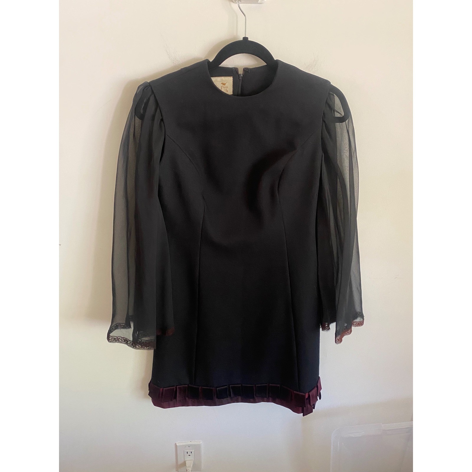 Vintage Leslie Fay Black Mini Dress Sheer Bell Sleeves Satin Trim Gothic Mod