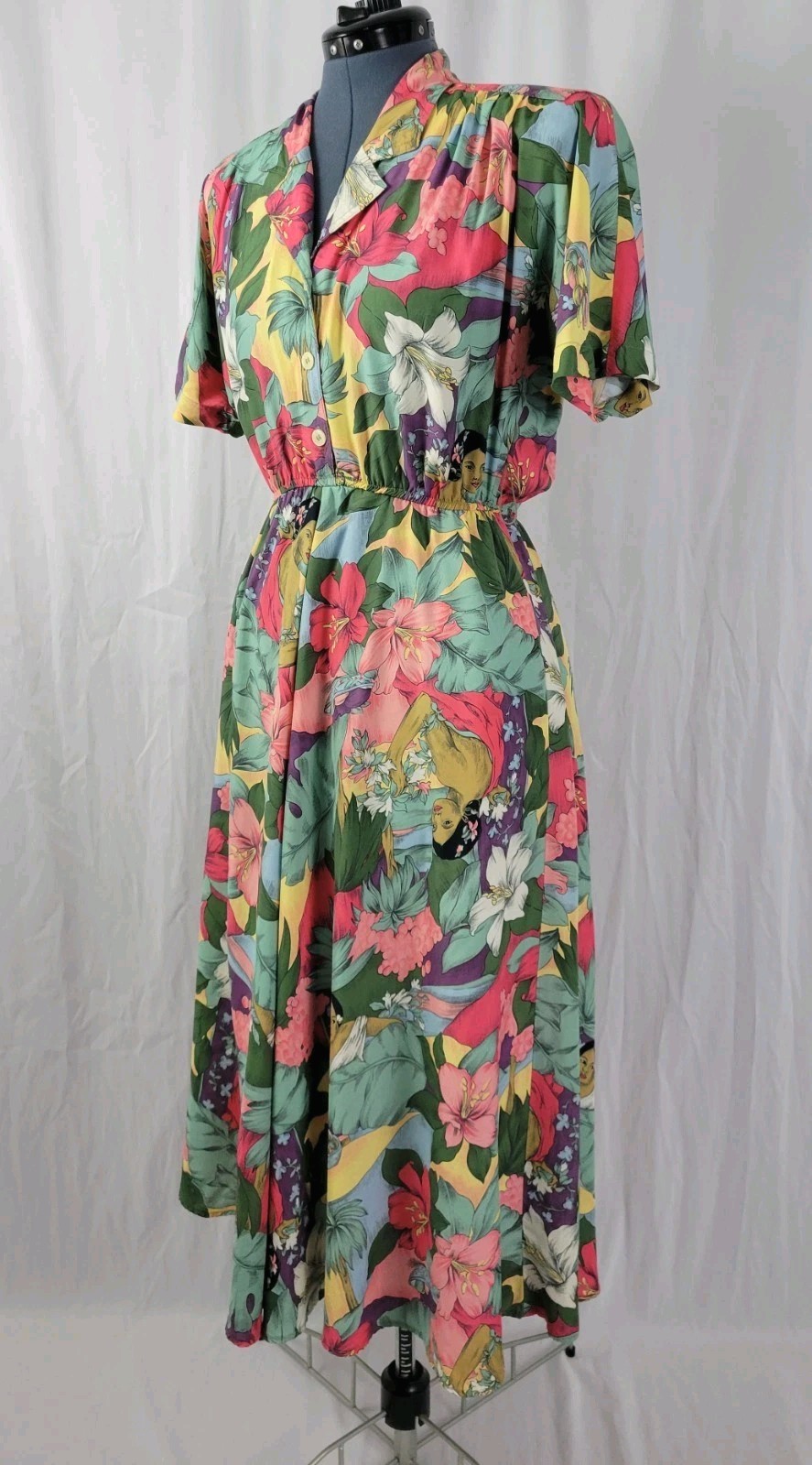 Vtg Carol Anderson Multicolor Floral & Lady Printed Blouson Dress Size S/M?