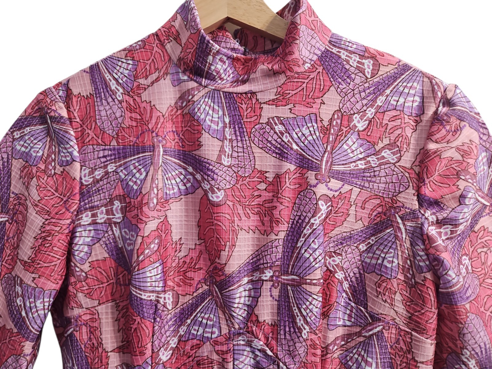 Vintage 70s Dragonfly Dress Pink Purple Boho Whimsical Handmade Poly Knit Small