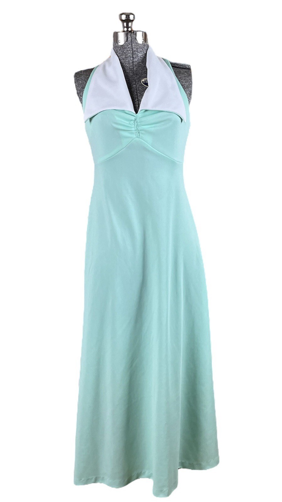 Vintage 60s 1970s Formal Mint Green Halter Dress Gown Empire Waist Pointy Collar