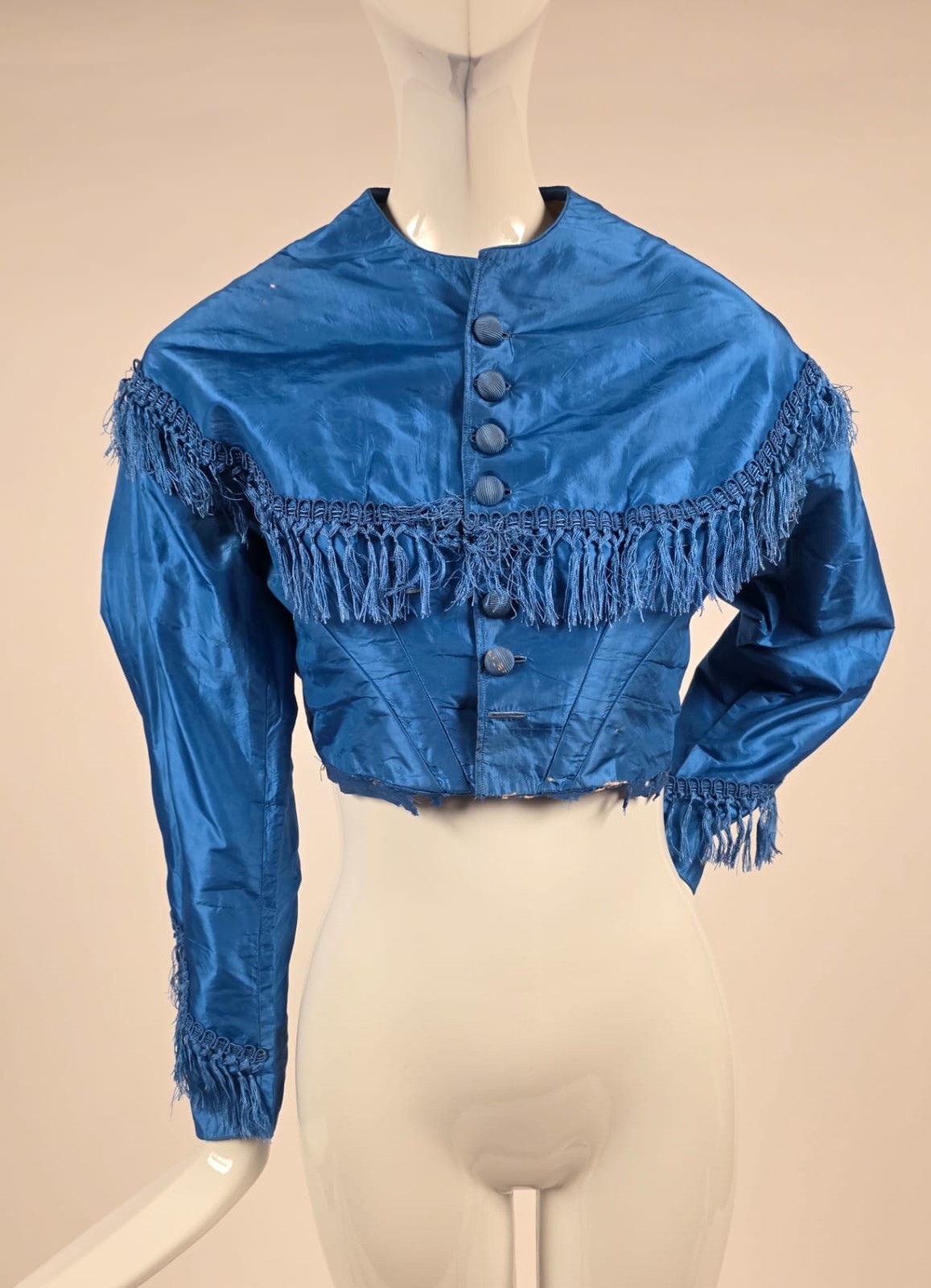 CIVIL WAR 1860’S BRIGHT BLUE SILK BODICE W SILK FRINGE TRIM