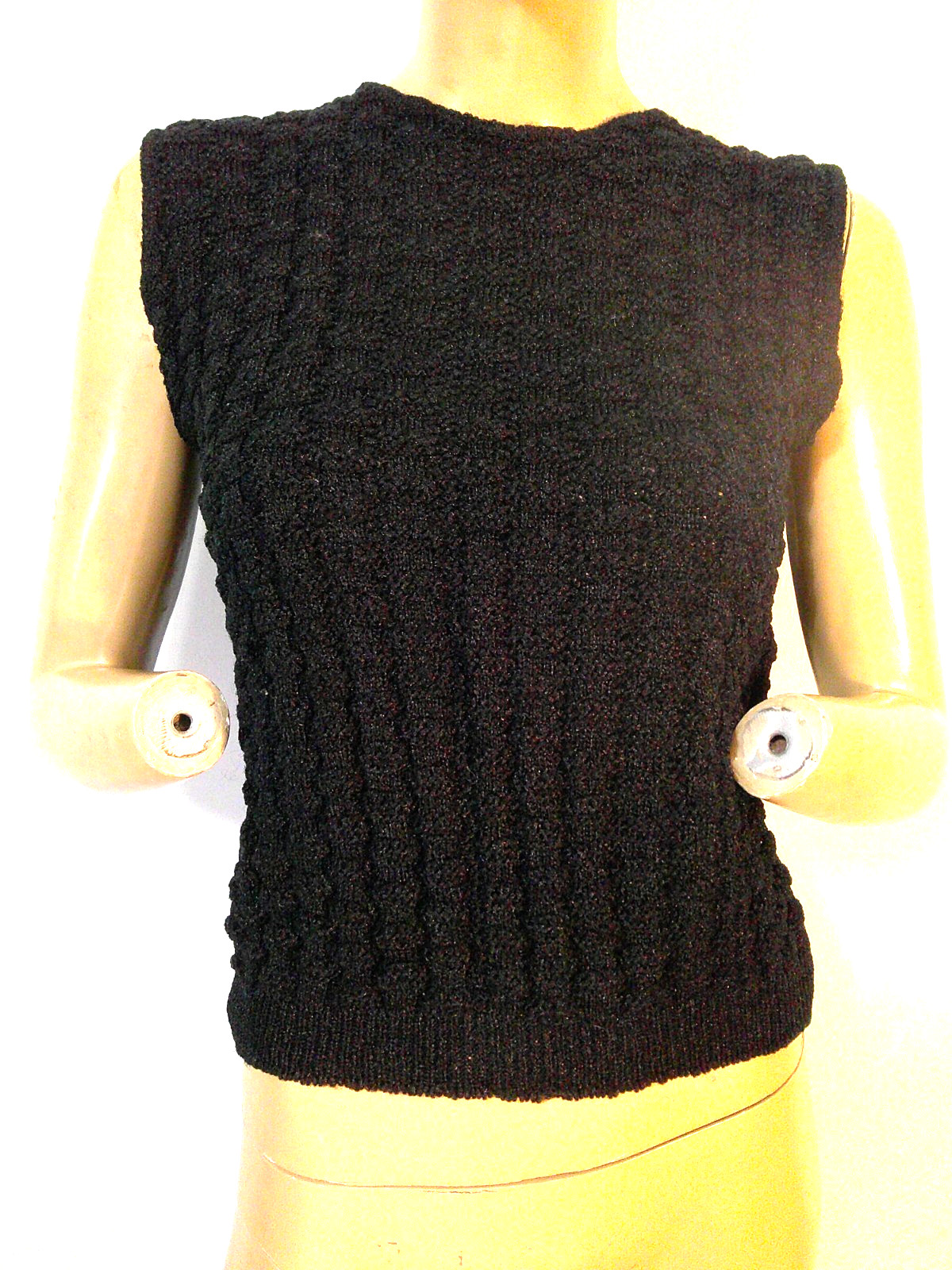 Vtg 60’s Mod Rockabilly Pin Up Black Antron Nylon Popcorn Sleeveless Shell Top L