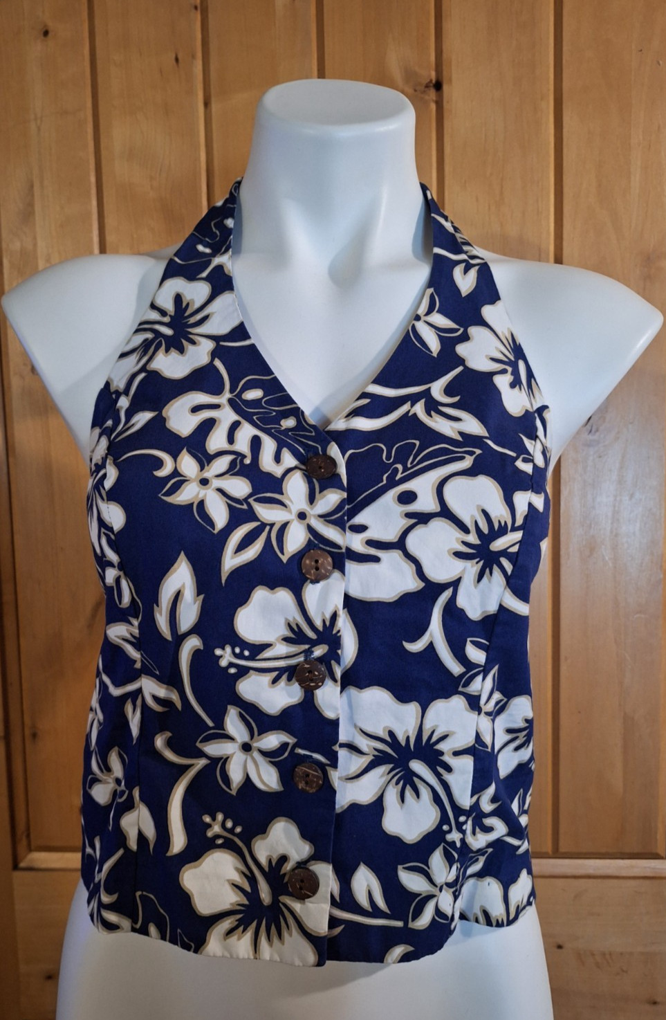 1990s Blue White Hawaiian Hisbicus Print Halter Top Pin Up Rockabilly Tiki Viva