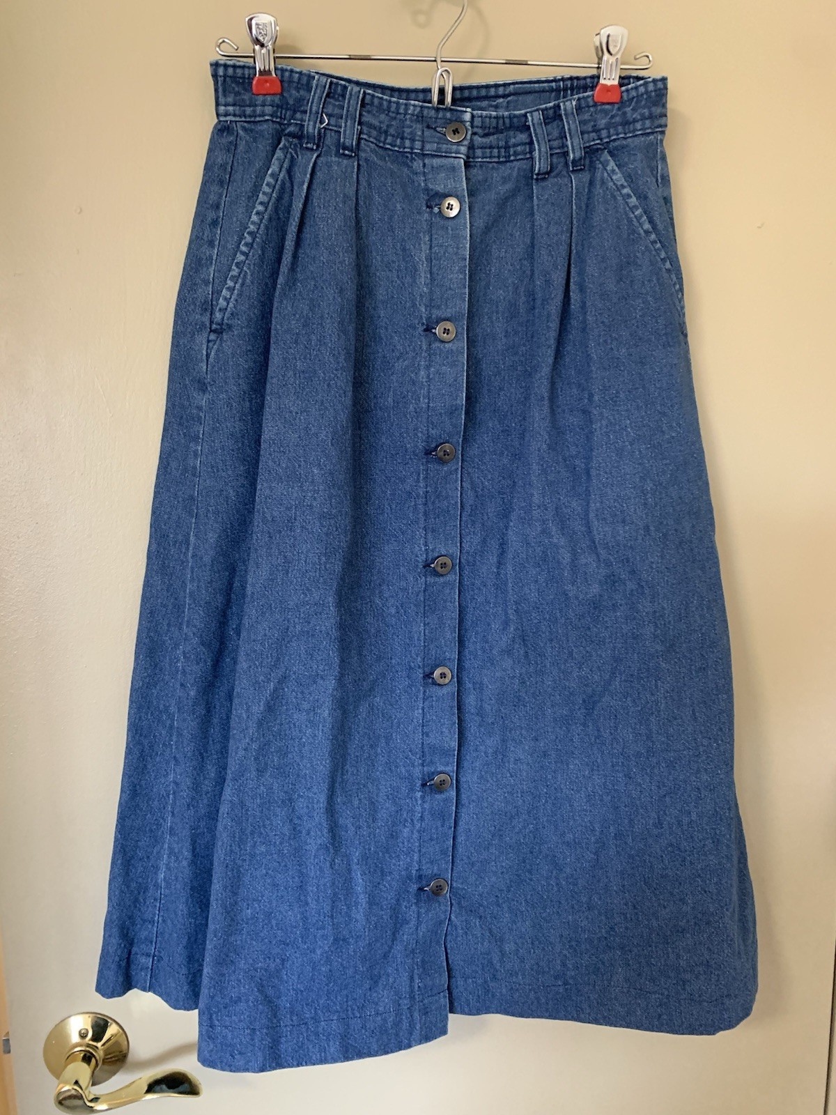 Vintage CHIC Blue Denim Button-Front A-Line Skirt Size 10 Made In USA
