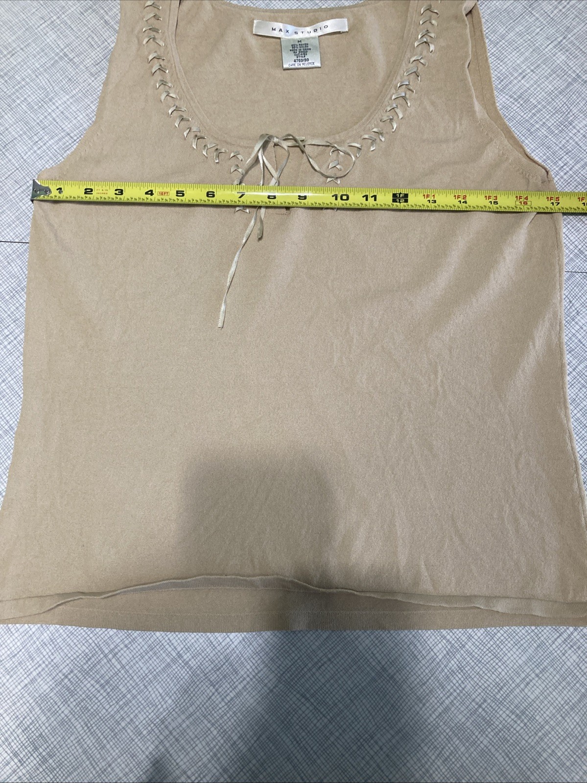 Vtg 2000s Max Studio Y2K Tan Lace-Up Ribbon Tank Top Rayon Nylon Blend Med GUC