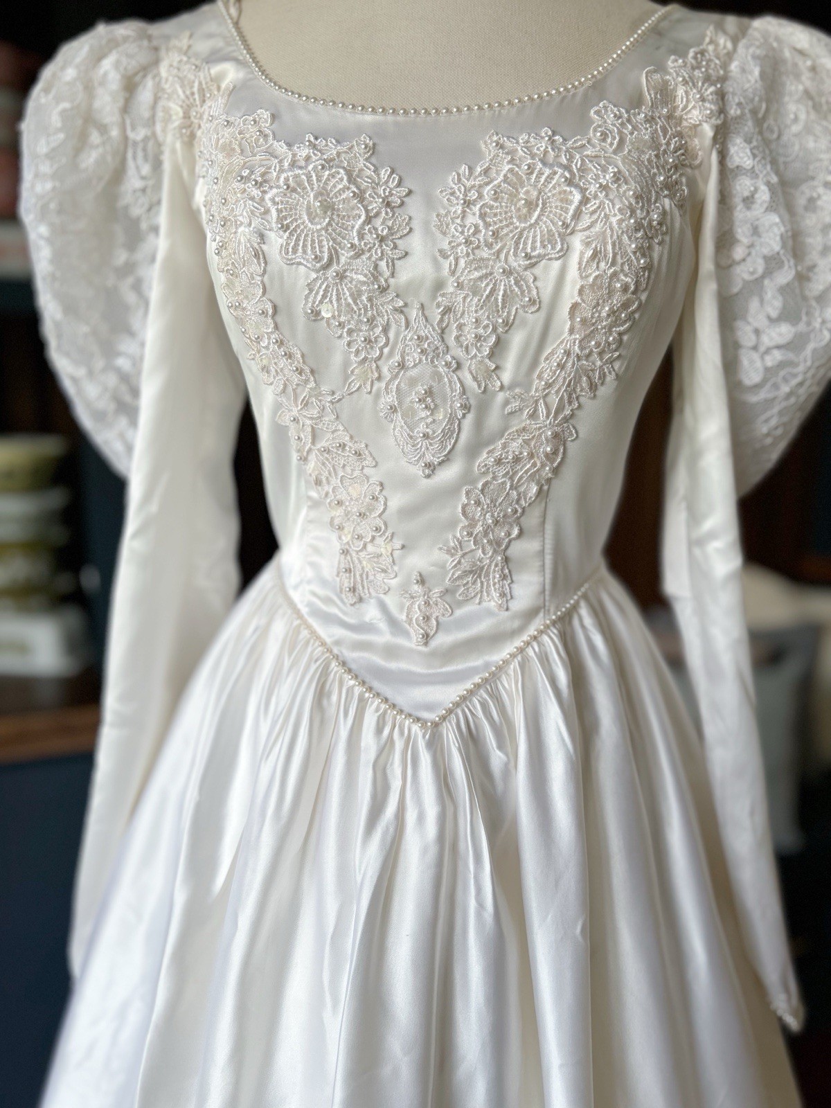 Vintage Wedding Dress 1980s Satin Princess Cut Ballgown Beadwork Train Lace