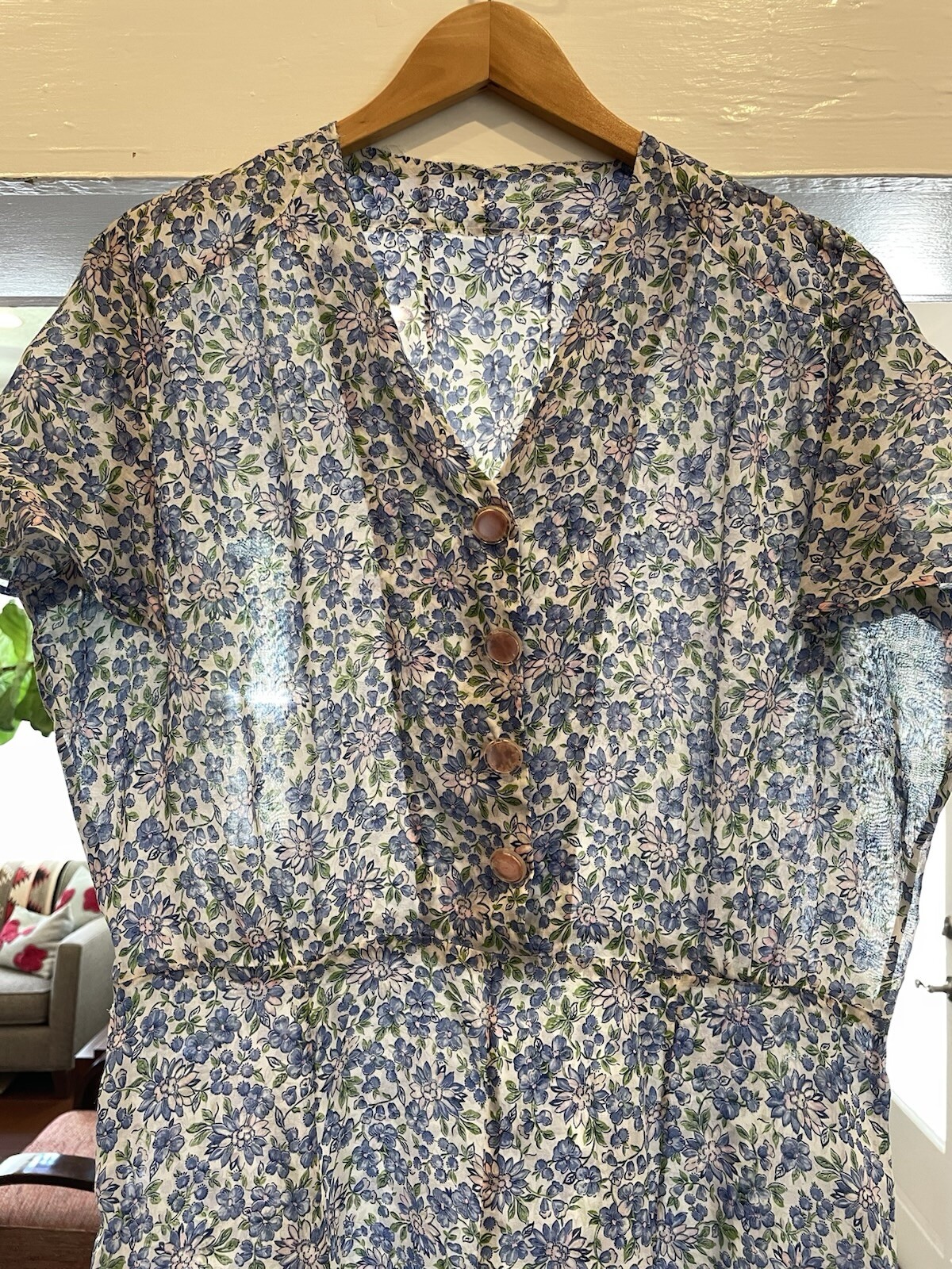 VTG 40s Day Dress White W/Blue Pink Floral Print 100% Cotton 36 Waist (Many Flaw
