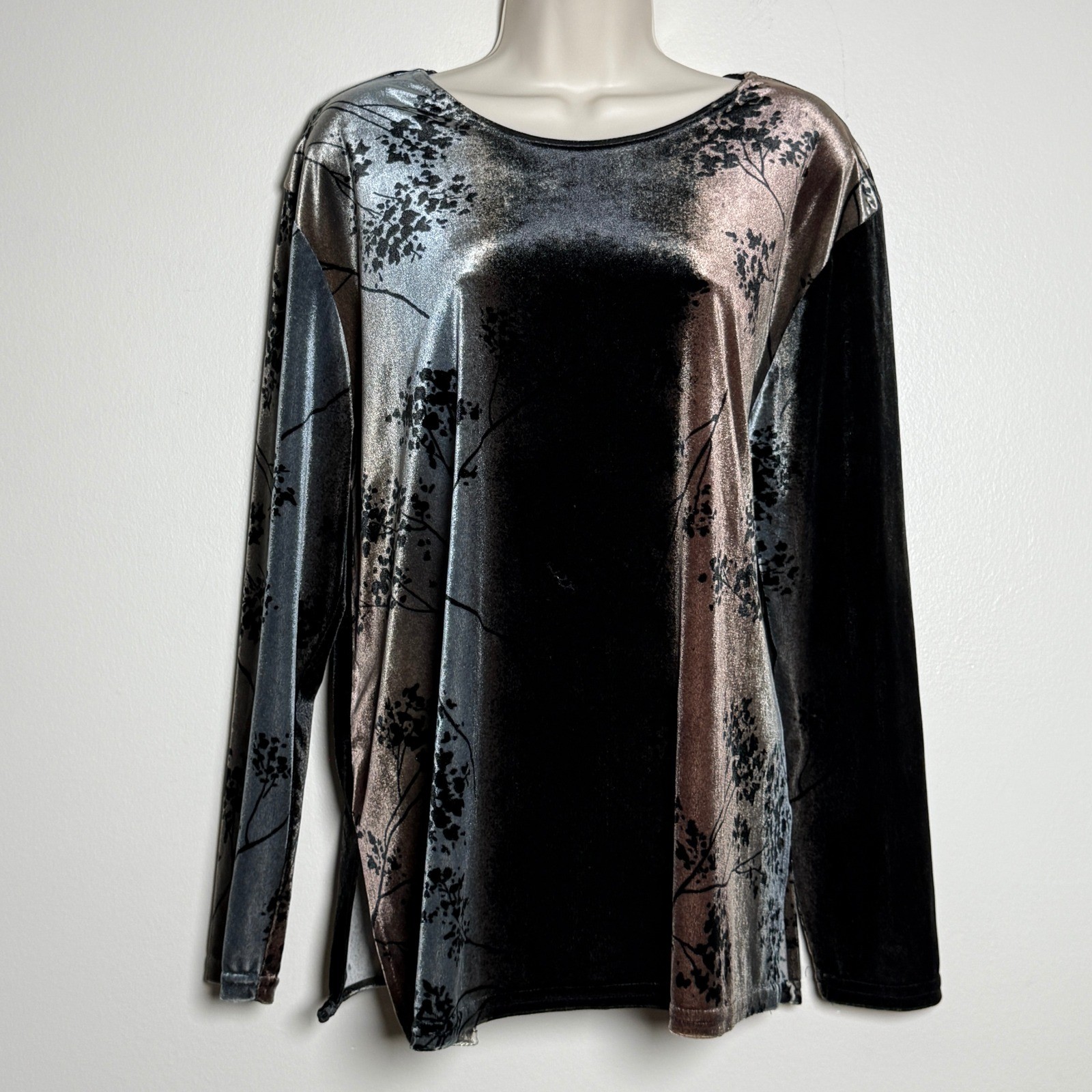 Maine USA Womens VTG Velvet Floral Ombre Top XL Silver Black Copper Whimsigoth