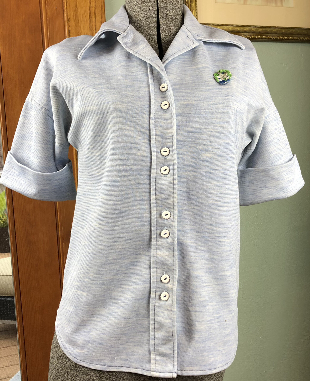 Vintage 60s 70s Wide Collar Short Sleeve Button Up Polyester Shirt Medium Top