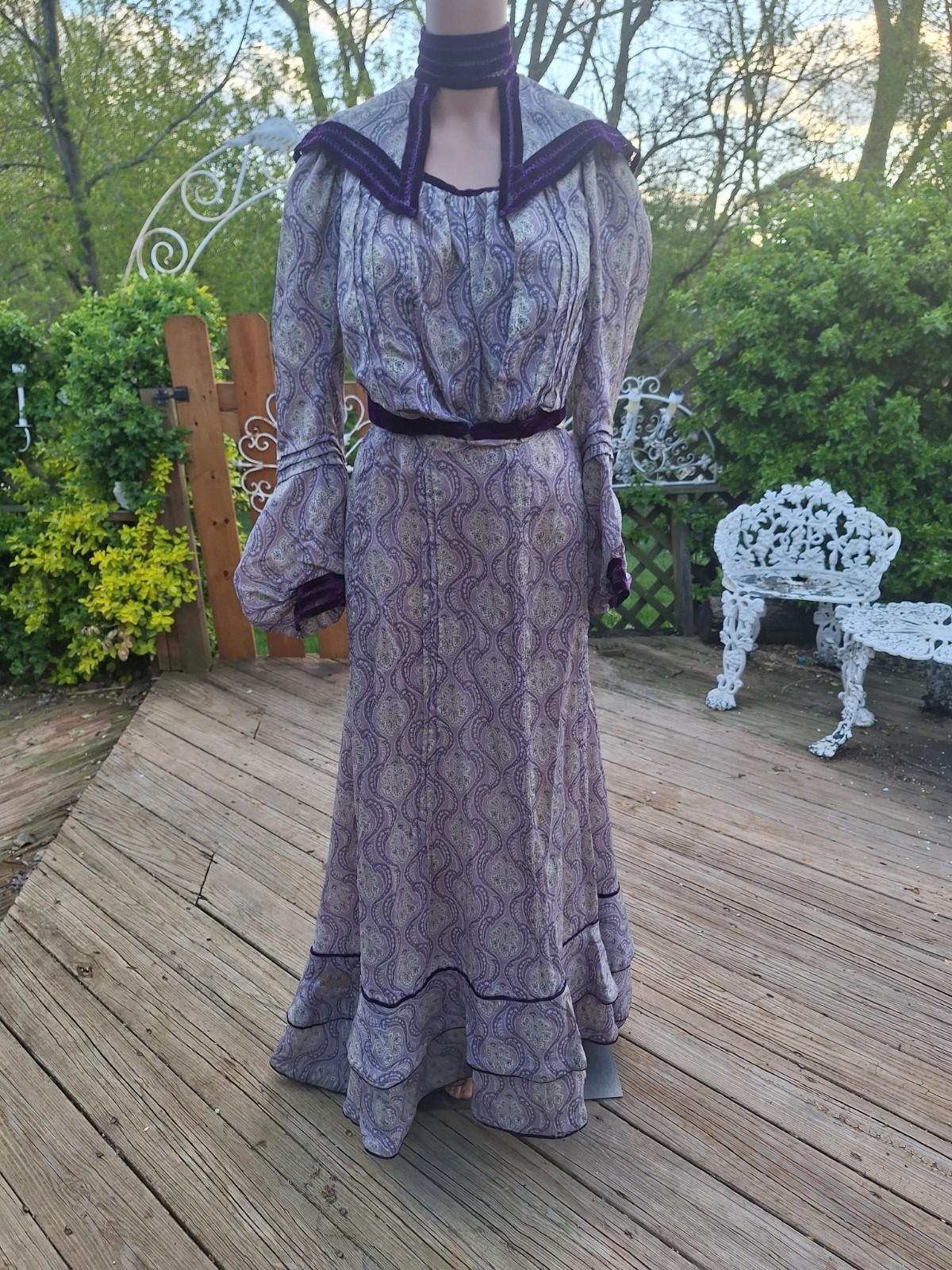 True VTG Edwardian 1910s Cotton & Velvet Print Tea Dress 2 Piece