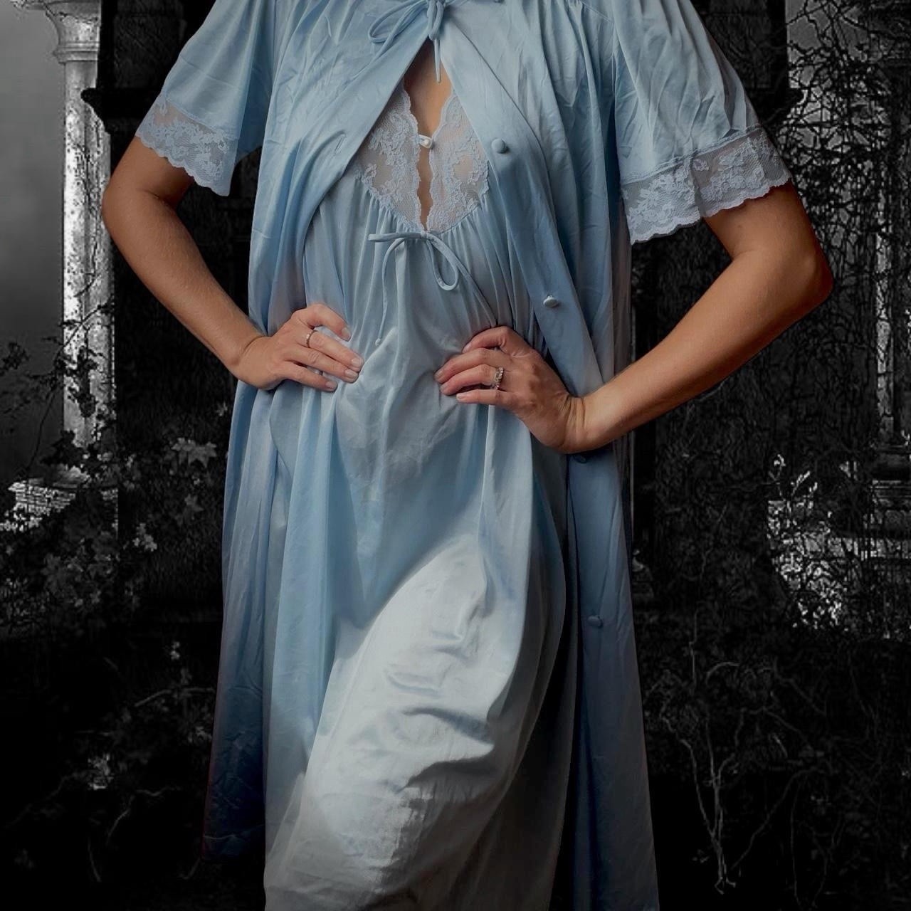 1960s powder blue satin lace boudoir robe