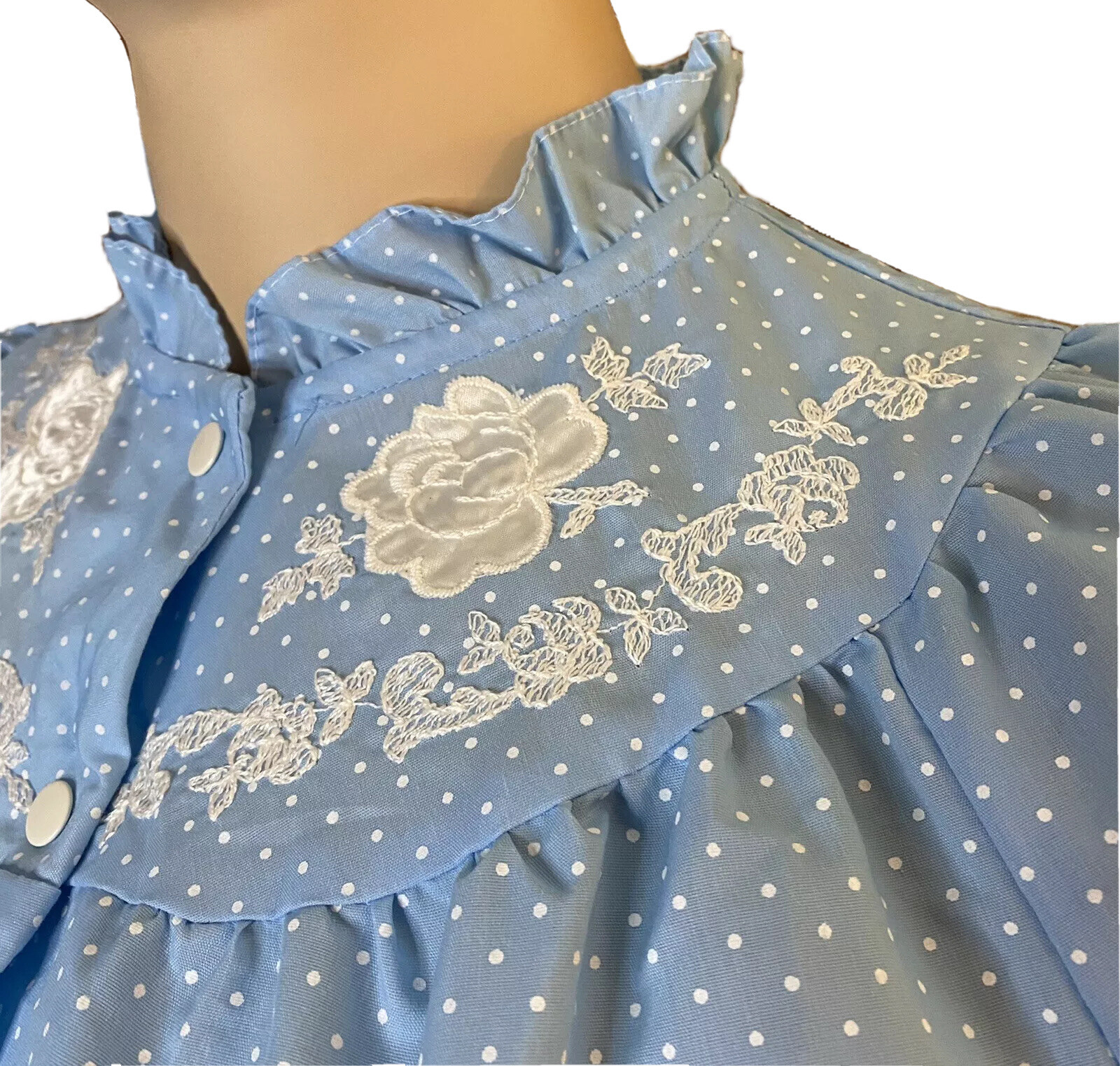 Snap Front Robe Blue Embroidered POLKA DOT Vintage LARGE Loungewear Coffee Time