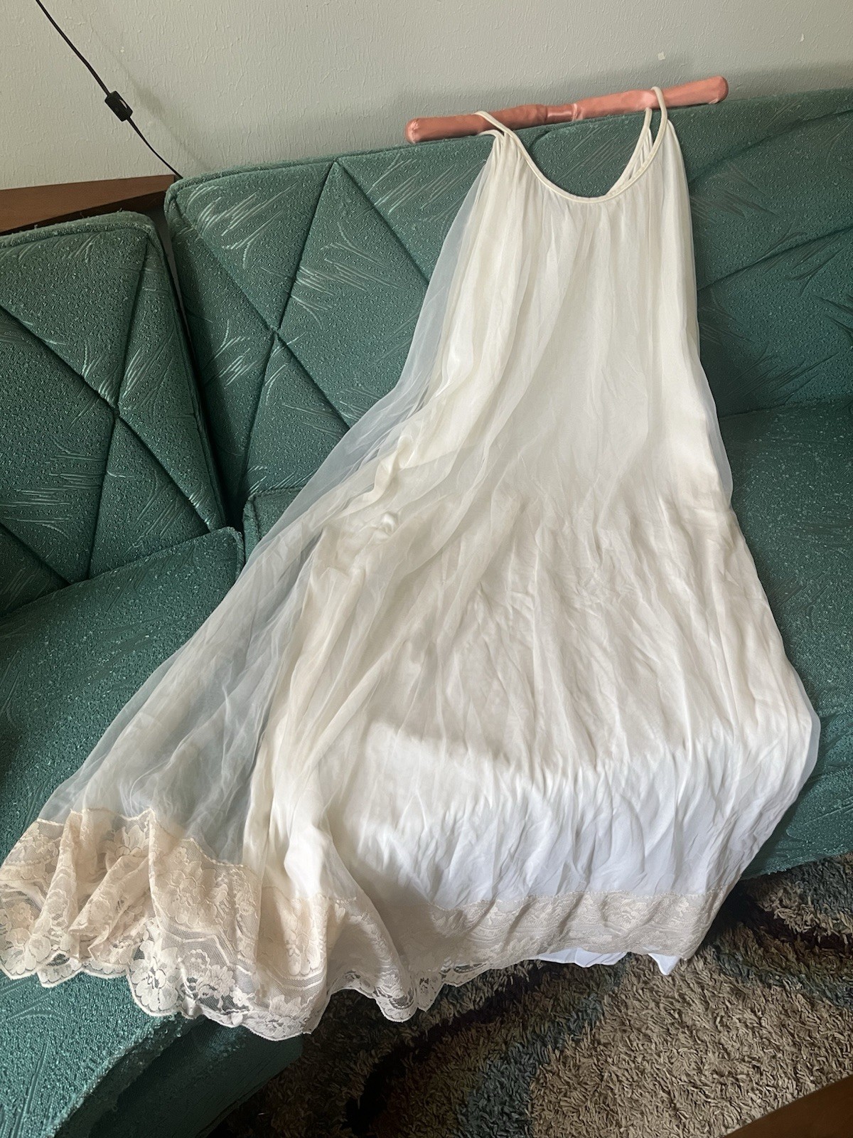 VTG INTIME Chiffon Nightgown Large White Ivory Lace Bridal Full Sweep Maxi Gown