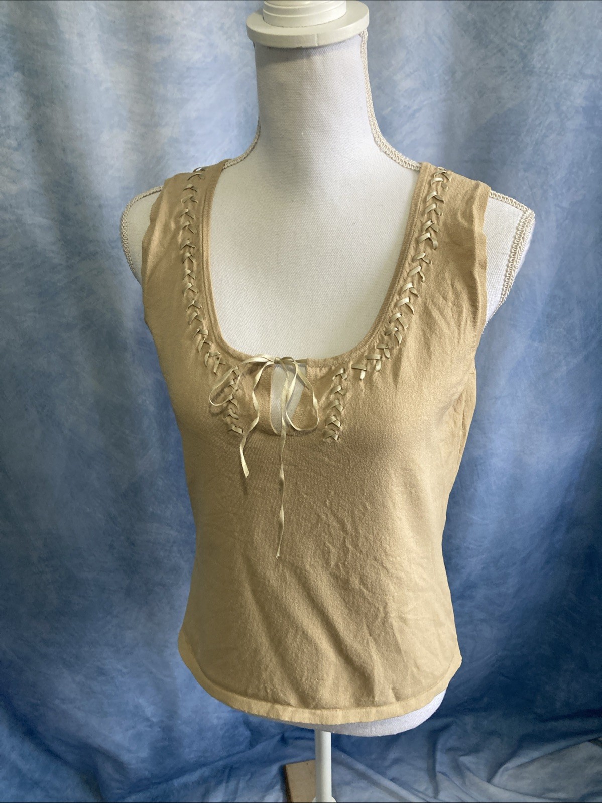 Vtg 2000s Max Studio Y2K Tan Lace-Up Ribbon Tank Top Rayon Nylon Blend Med GUC