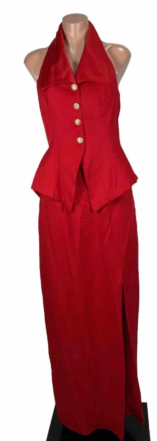 Vintage 80s Red Halter Tuxedo Evening Gown 2pc Set Mother Party Prom Evening 14