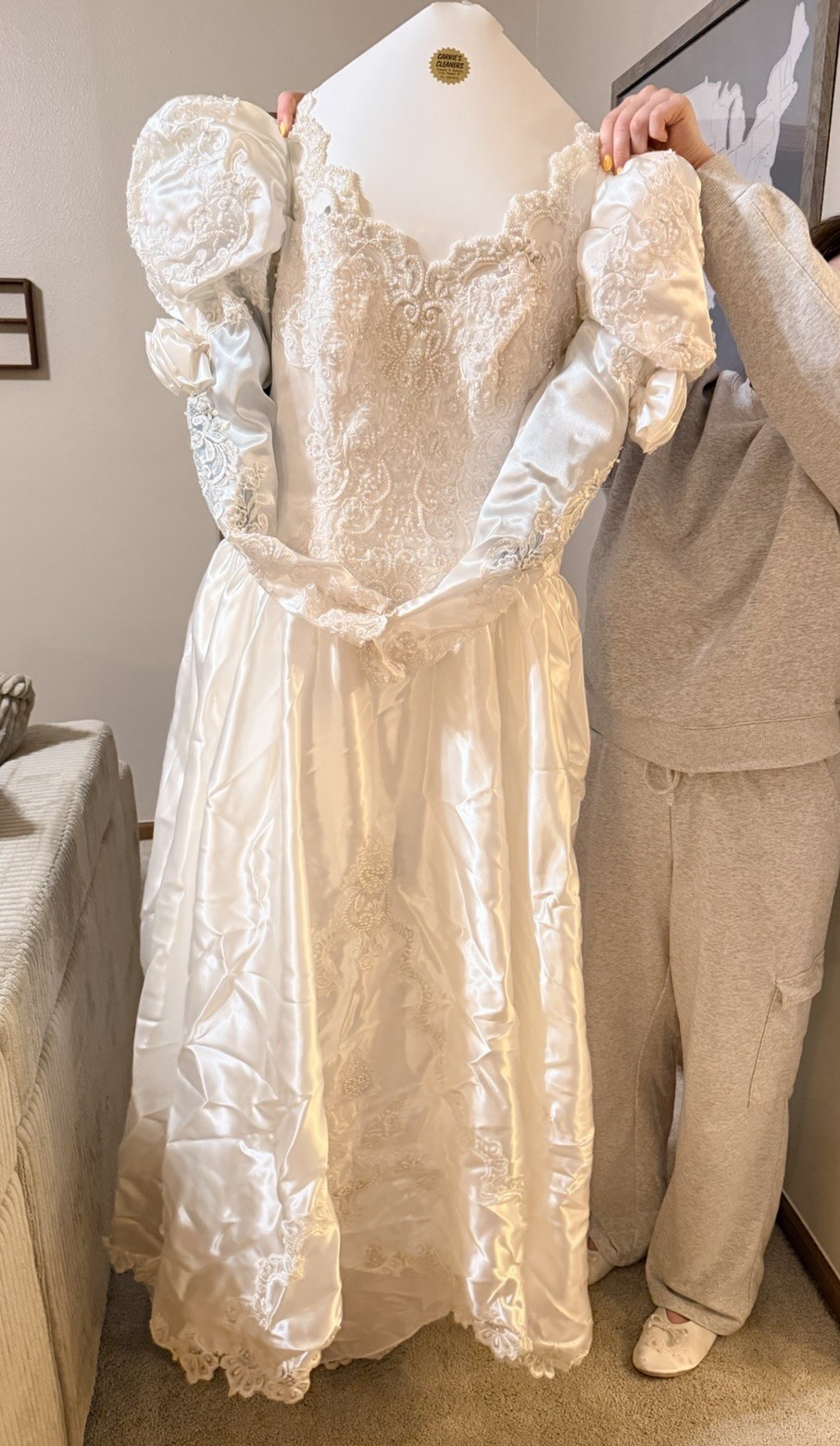 Vintage Marys Wedding Dress Beaded Lace Satin Gown Puff Sleeve Bustle Train 8-10