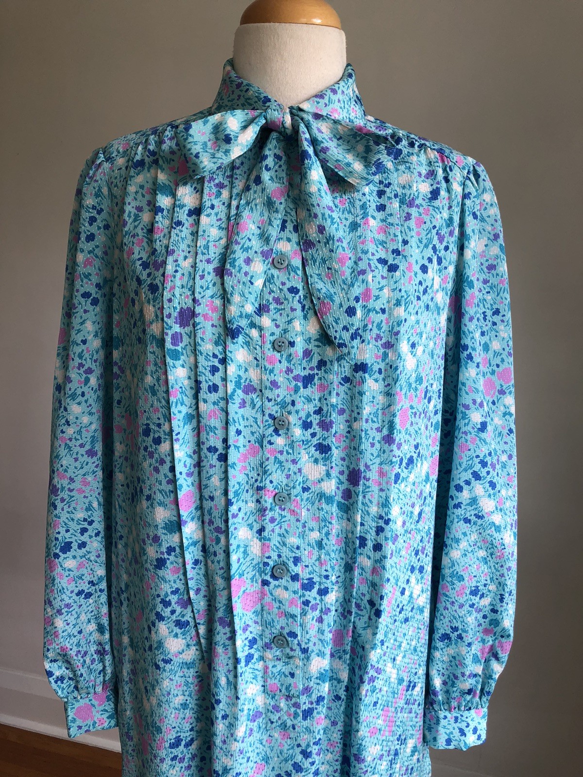 BEAUTIFUL VTG SCHRADER SPORT New York Blue Floral Silky Button-up Midi Dress 10