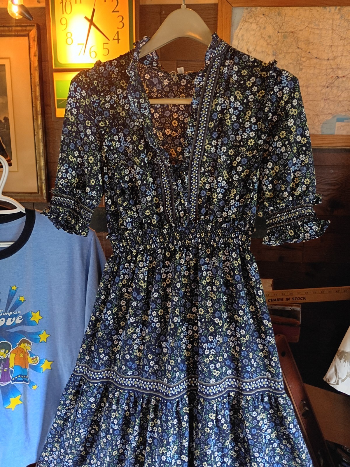 Max Studio Popular 1960s/70 Style Dress Prarie Hippy Floral Frilly Blue Size S