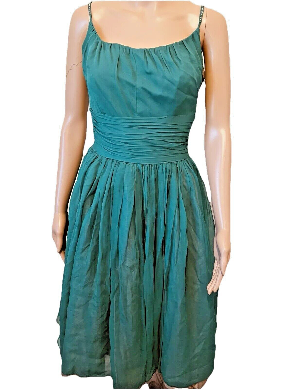 VTG 50s Emerald Green Cocktail Dress Bains Las Vegas Rhinestone Spaghetti Straps