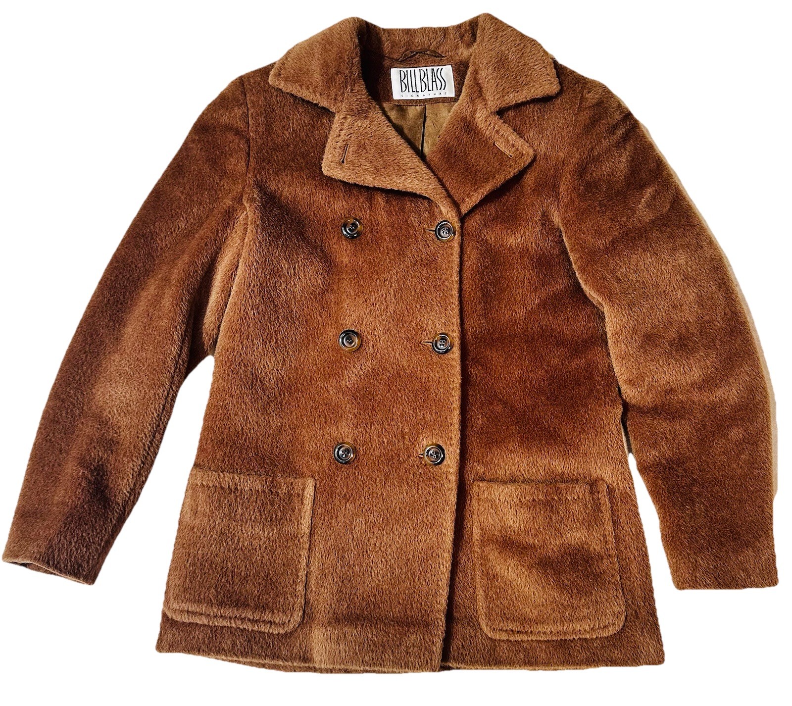 VTG Bill Blass Baby Llama Fur Coat 4 Mid Length Jacket Brown Quiet Luxury Cozy