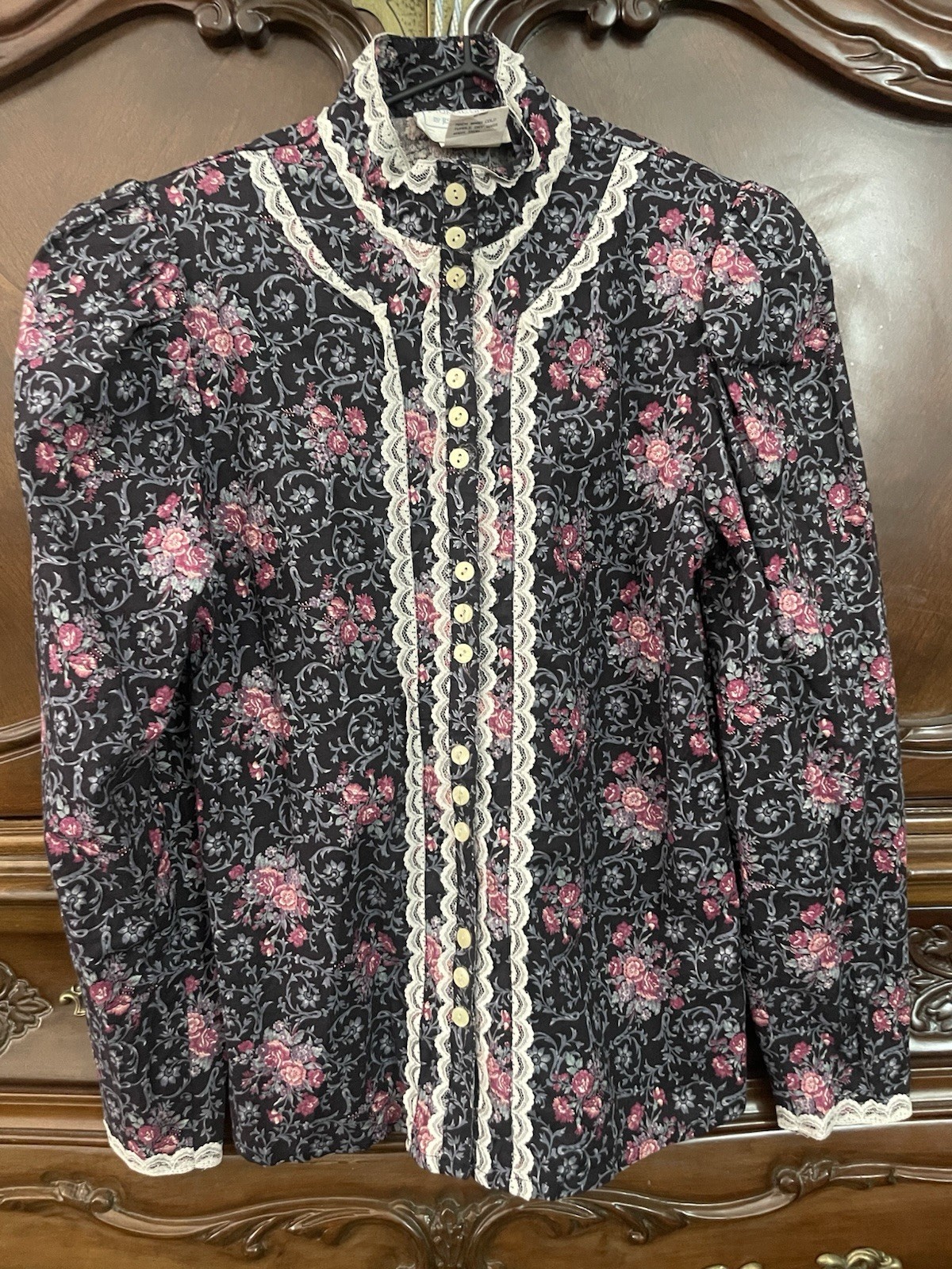 Gunne Sport Jessica McClintock Vintage Blouse Size 3 XS Cotton Shoulder Pads