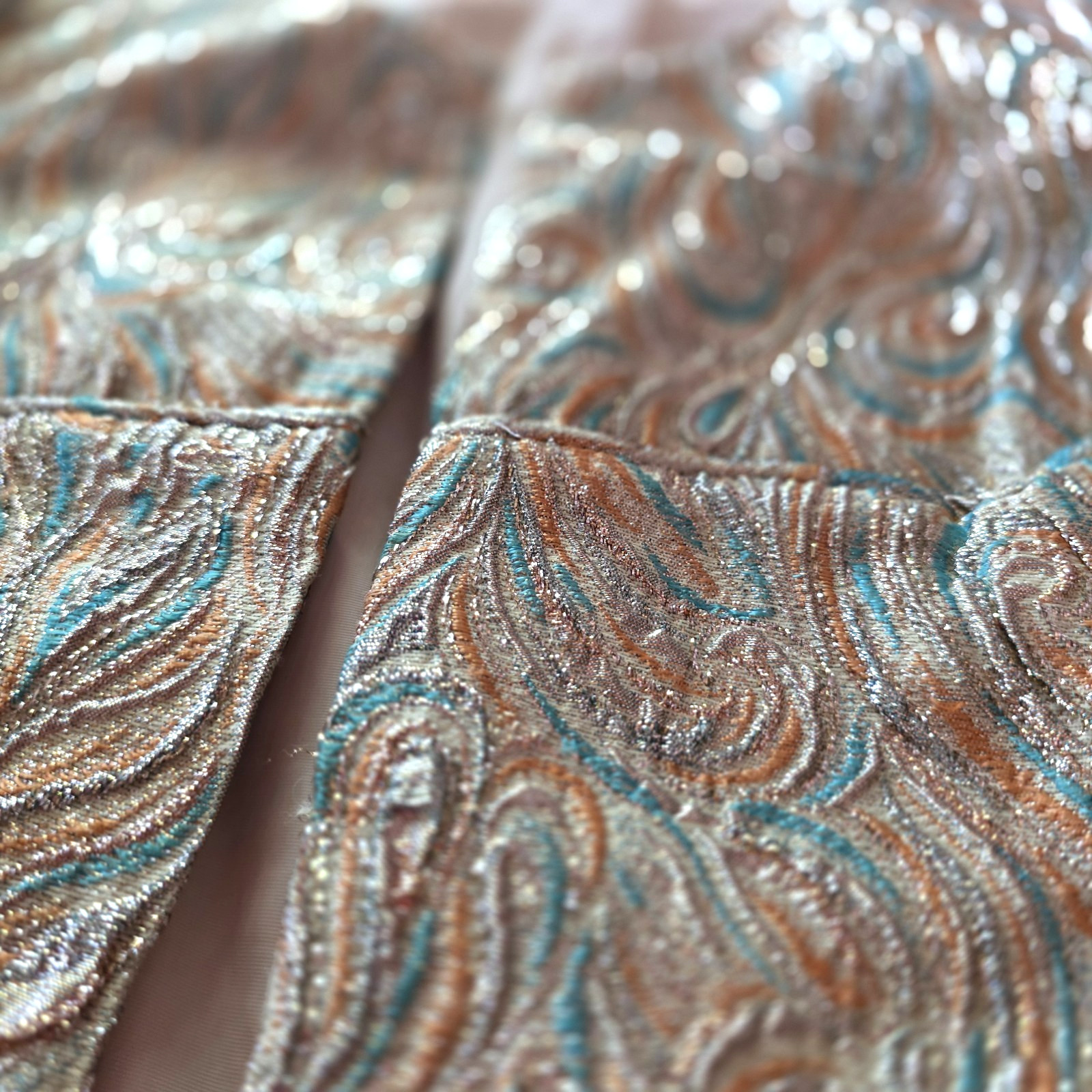 Vtg 60s Metallic Gold Brocade Opera Coat Blazer Teal Paisley Evening Jacket M L