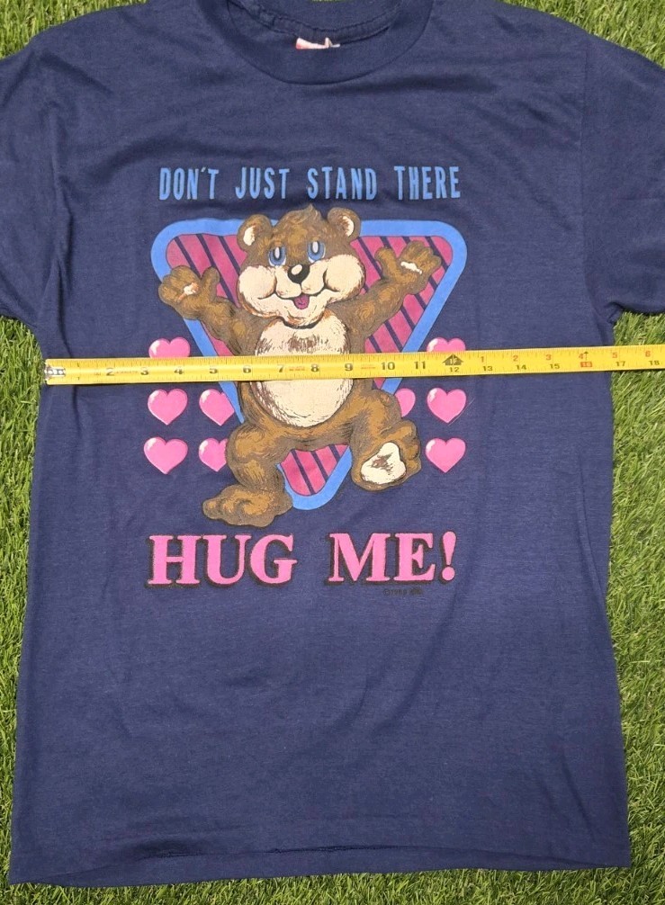 Vintage 1982 Bear Hug Me Graphic T Shirt 80s Navy Blue 50/50 Blend Tag Large